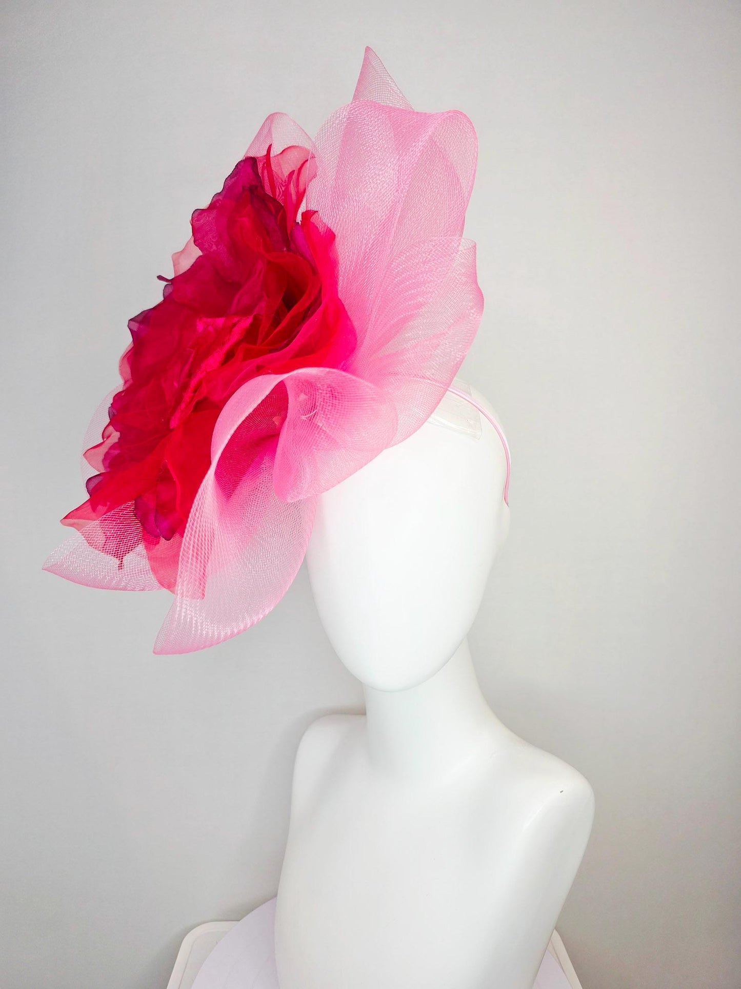 kentucky derby hat fascinator light baby pink crinoline ruffle base with large wine red organza satin flower