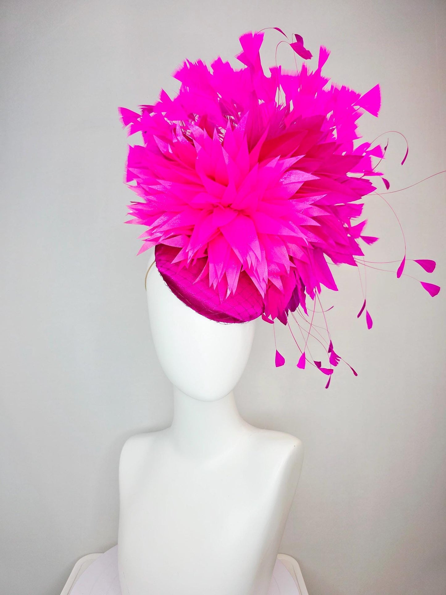 kentucky derby hat fascinator hot pink fuchsia satin with netting fluffy bright fuchsia pink feathers and hot pink fuchsia branching feather