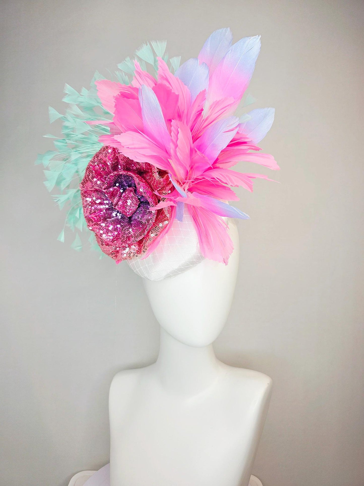 kentucky derby hat fascinator white satin with netting with pink sequin flower blush pink lavender purple mint green aqua blue feathers
