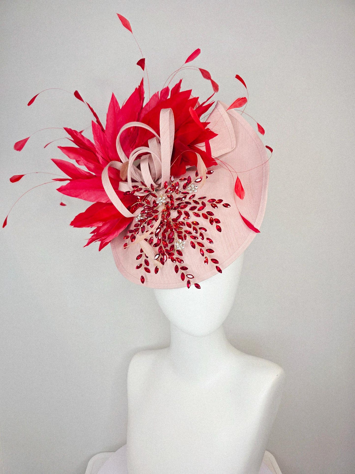 kentucky derby hat fascinator champagne pink shantung saucer with crystal red leaf vine shantung curls and scarlet red branching feathers