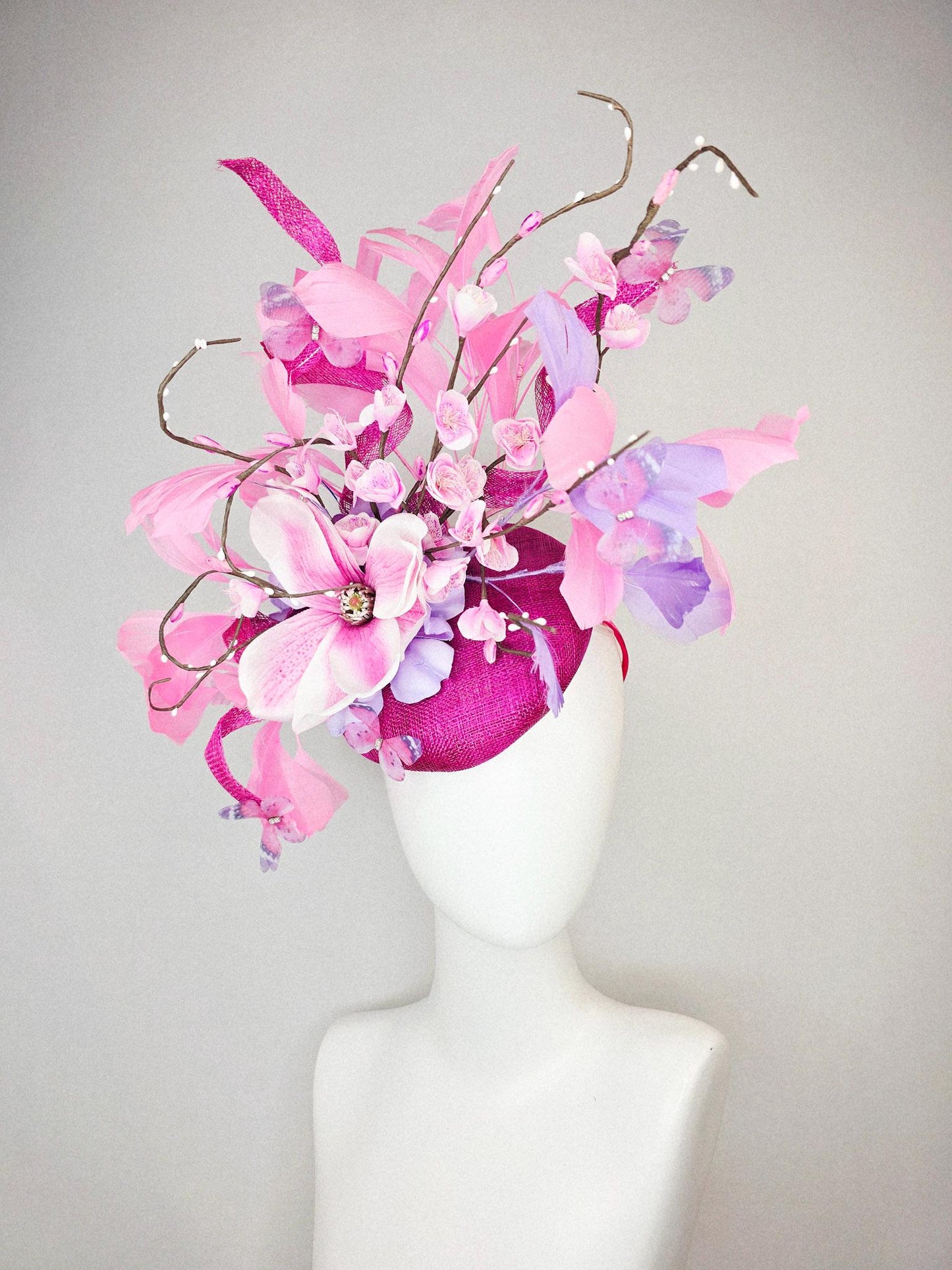 kentucky derby hat fascinator magenta pink sinamay light pink flowers blush pink lavender purple branching feathers baby pink butterflies