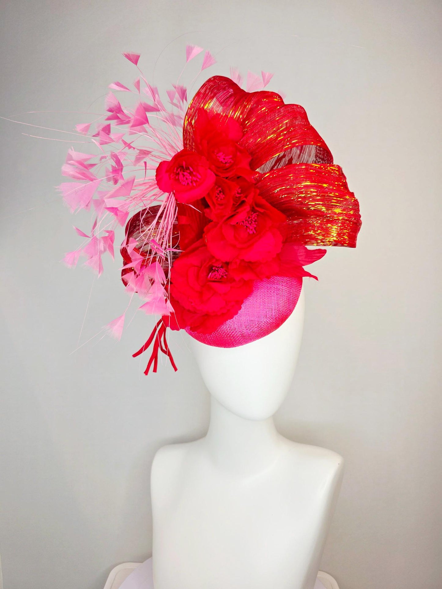 kentucky derby hat fascinator hot pink sinamay with scarlet red satin flowers red metallic silk ribbon and blush pink branching feathers
