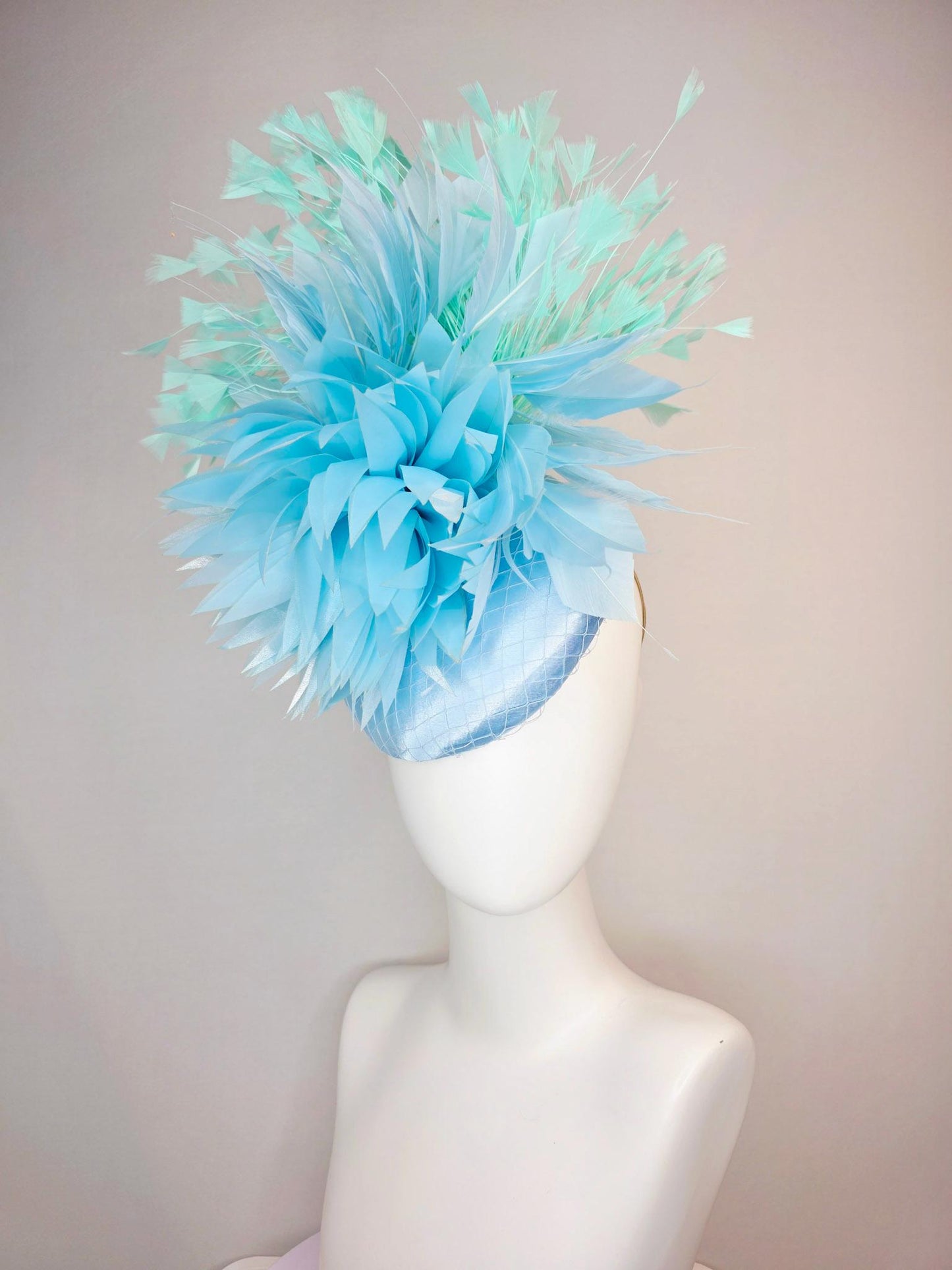 kentucky derby hat fascinator light baby blue satin with netting fluffy sky blue feathers and mint green branching feathers