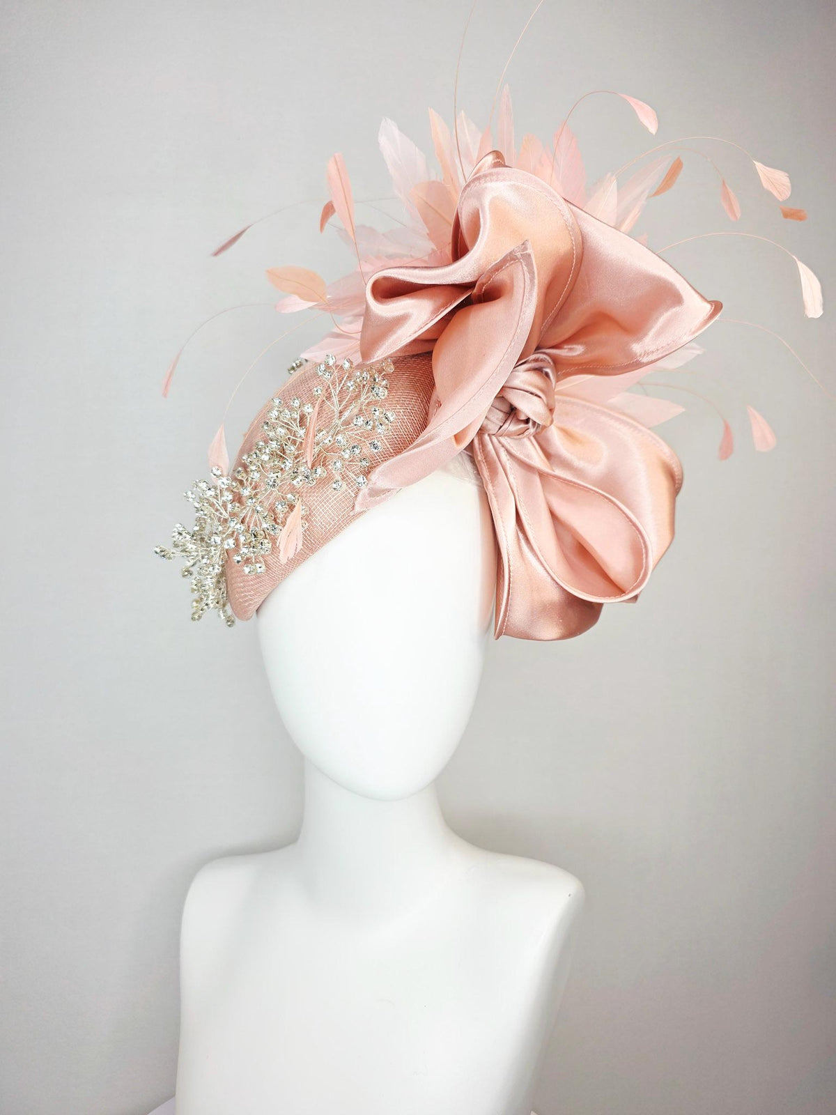 kentucky derby hat fascinator light pink dusty rose sinamay with crystal clear leaf vine large champagne pink satin bow baby pink feathers