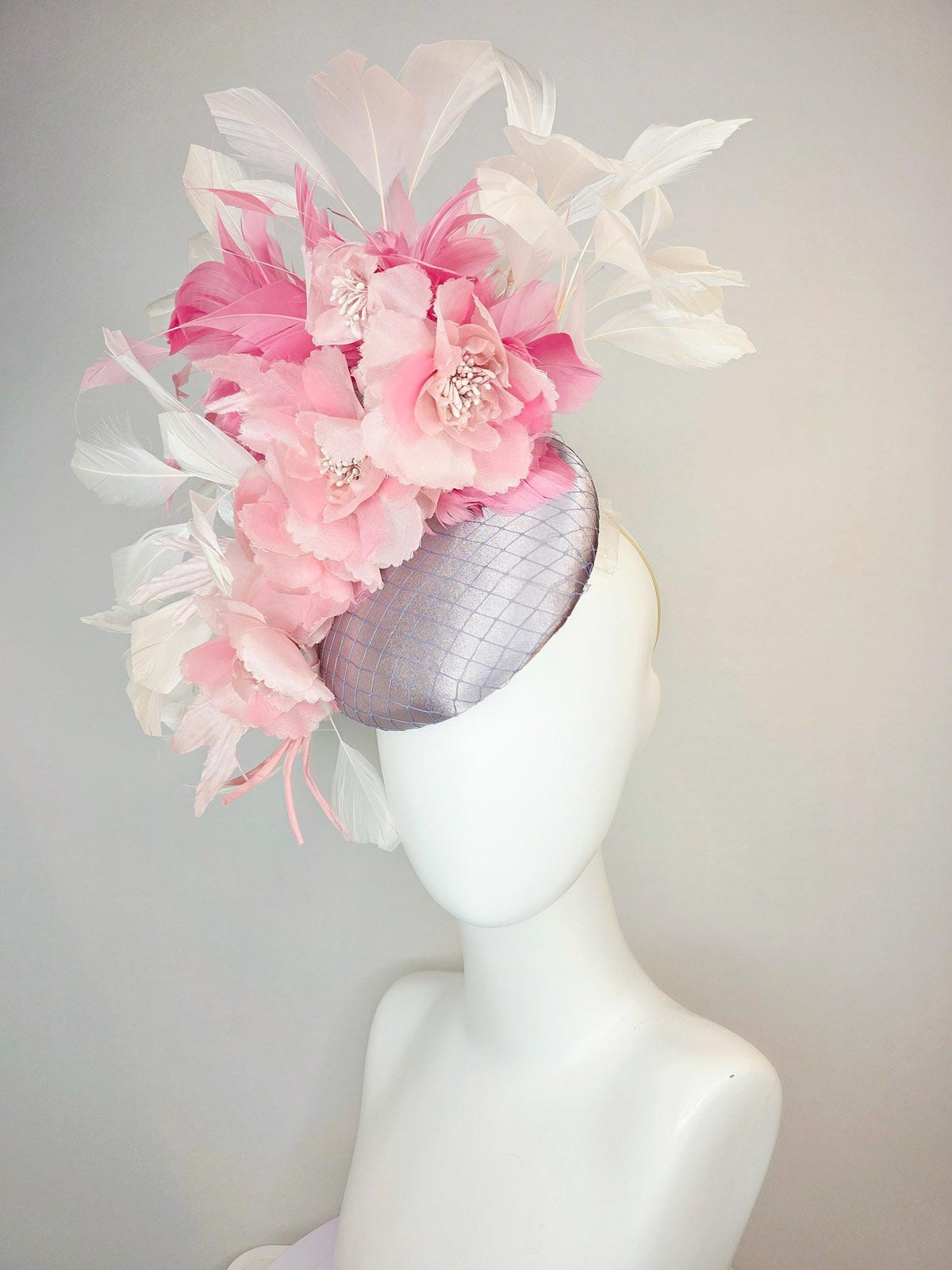 kentucky derby hat fascinator silver gray silk with netting light baby pink organza flowers blush pink and ivory white branching feathers