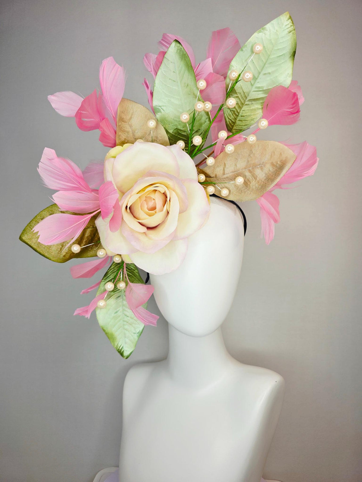 kentucky derby hat fascinator large with ombre lilac cream satin rose tan beige sage green leaves with pearls baby pink branching feathers
