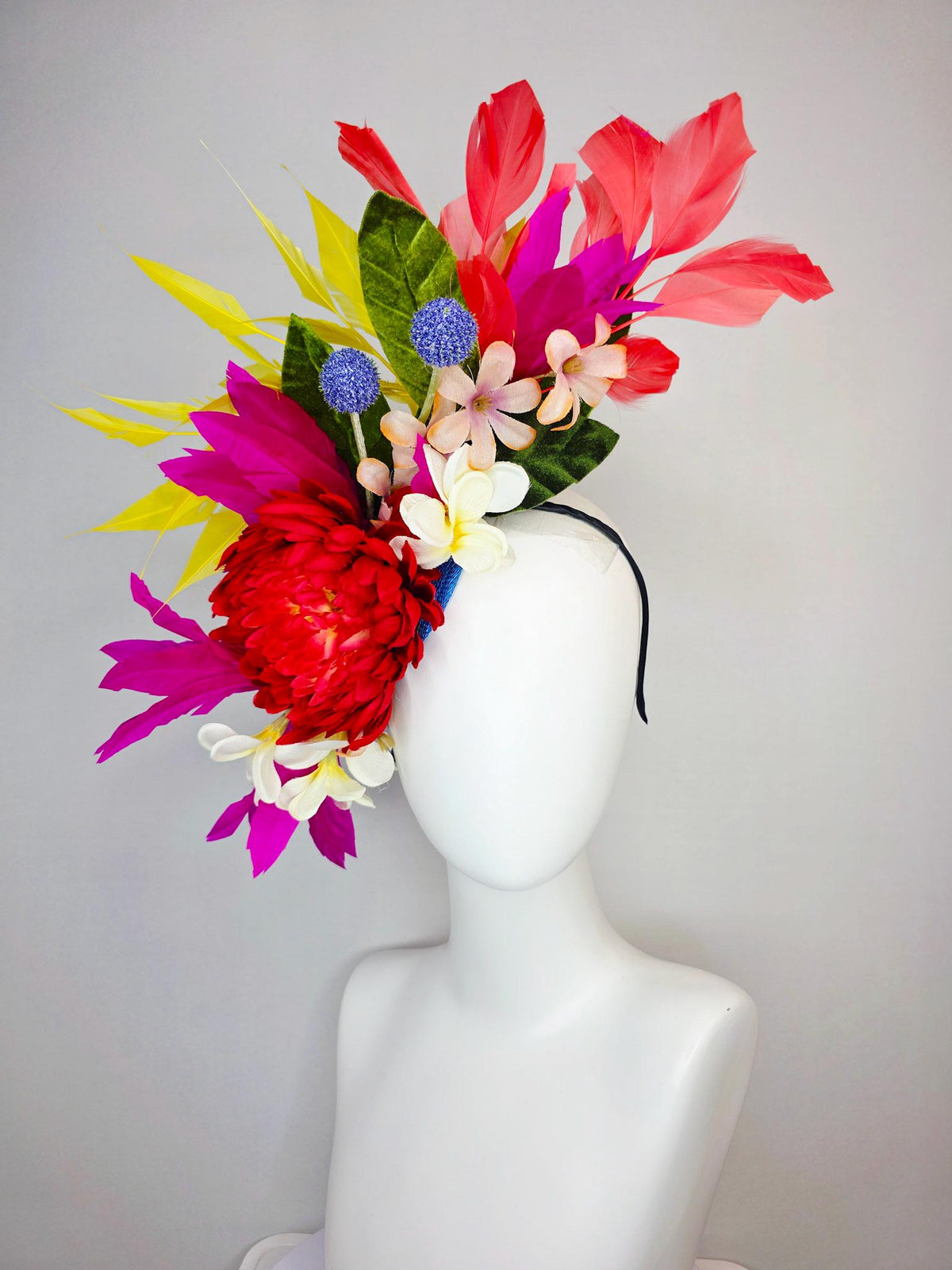 kentucky derby hat fascinator red ivory white magenta purple satin flowers blue thistles green leaves and coral yellow fuchsia pink feathers