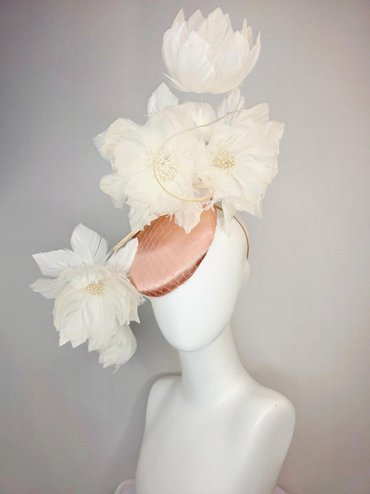 kentucky derby hat fascinator mauve dusty pink satin with netting and large fluffy Ivory white feather flowers and ivory white feathers