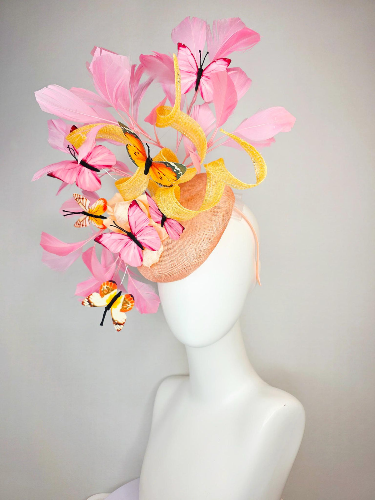 kentucky derby hat fascinator champagne sinamay yellow curls cream gold organza flower light pink feathers orange black pink butterflies