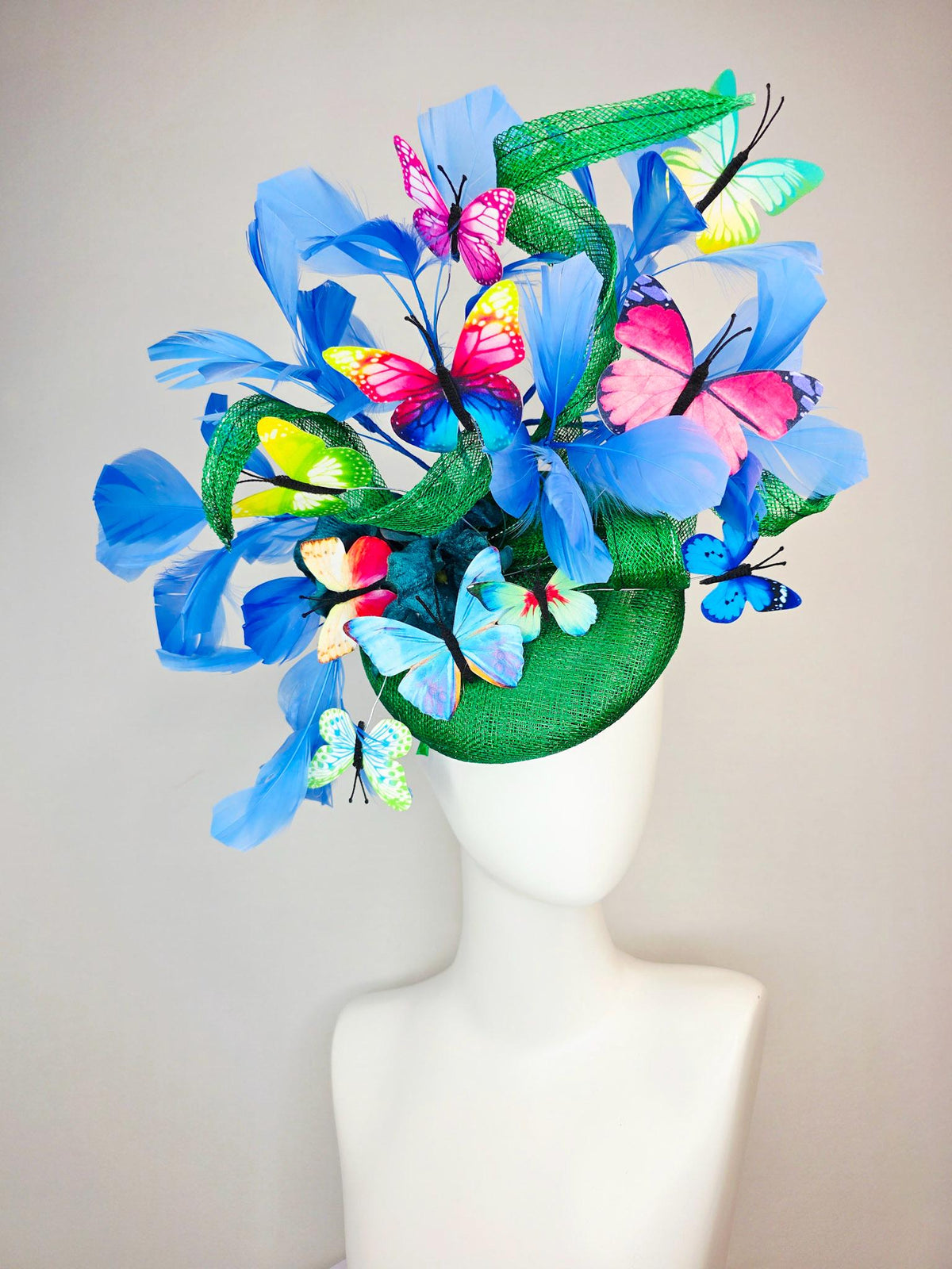 kentucky derby hat fascinator green sinamay with curls teal blue organza flower cobalt sky blue feathers pink red yellow purple butterflies