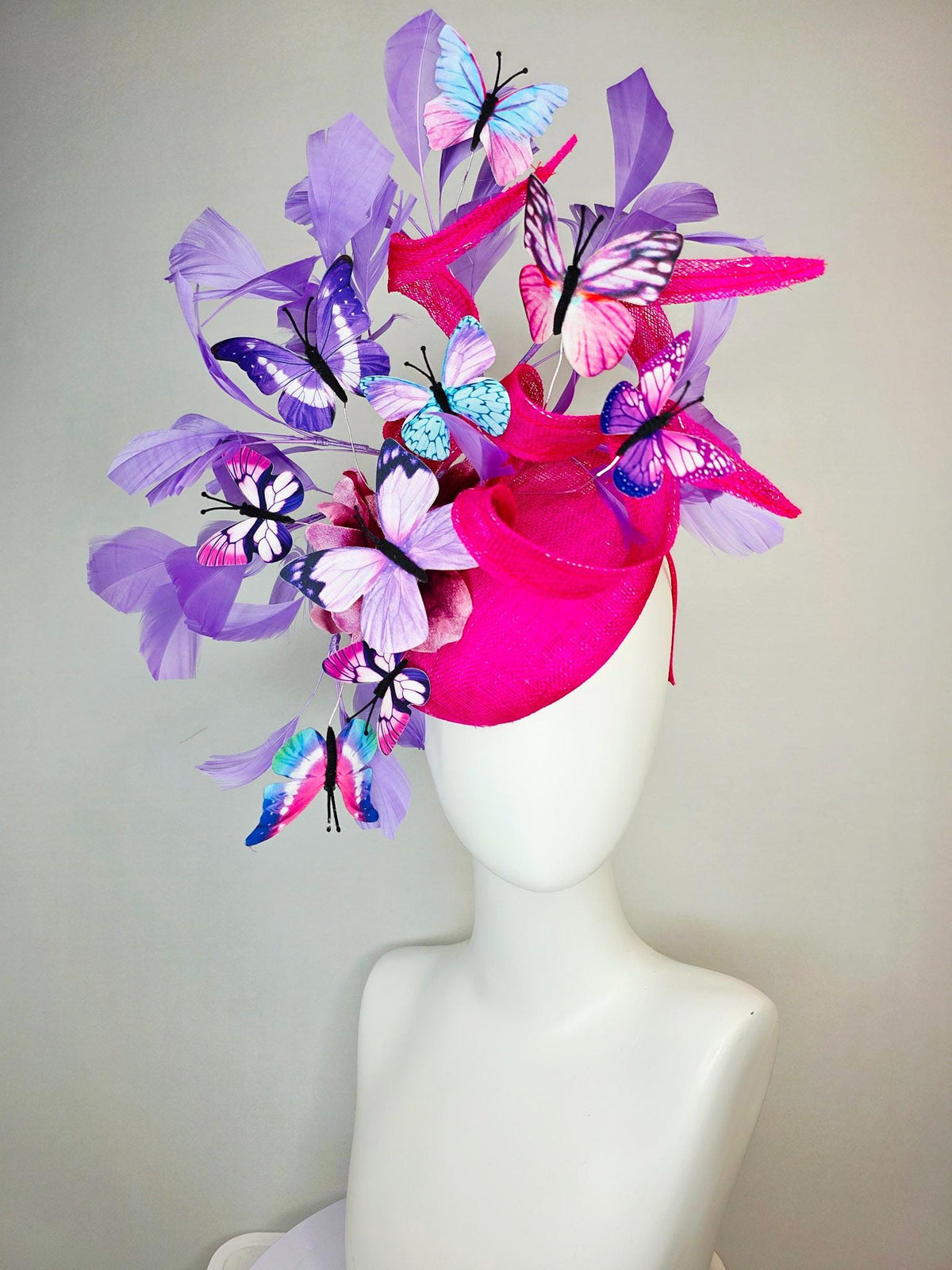 kentucky derby hat fascinator hot pink sinamay with curls ombre pink organza flower lavender feathers blue purple pink white butterflies