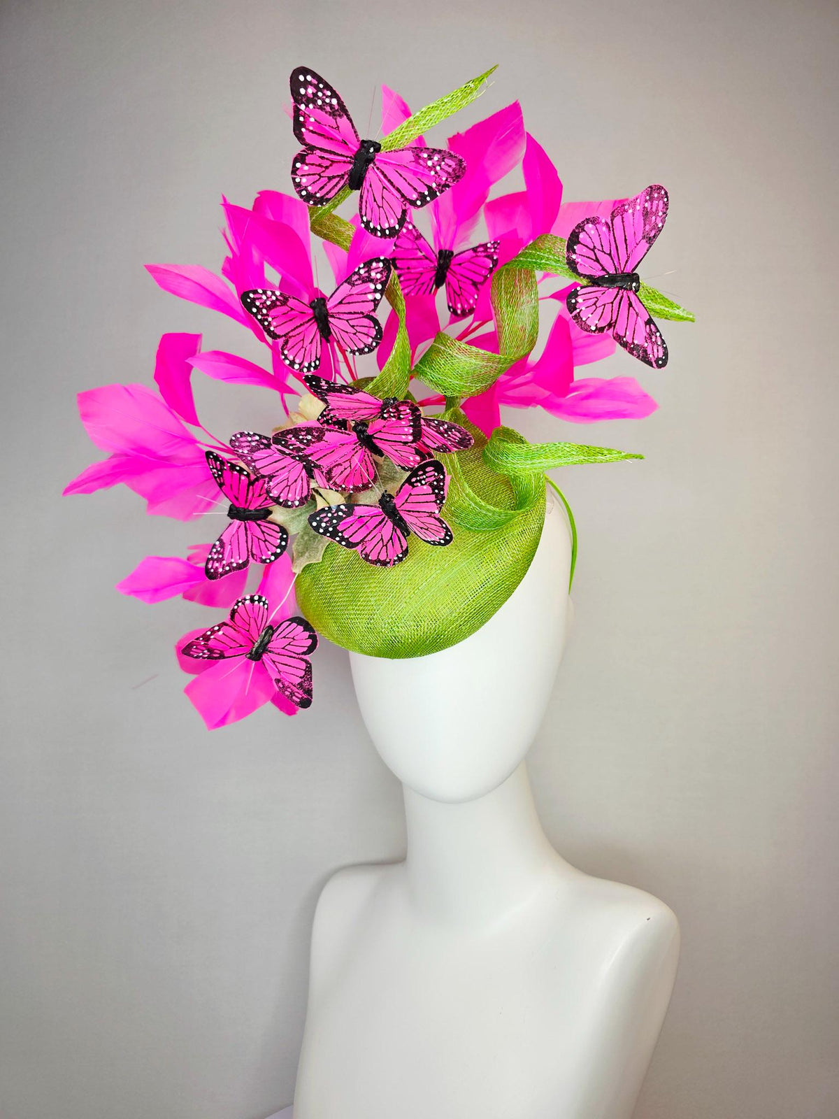 kentucky derby hat fascinator lime green sinamay with curls cream gold organza flower fuchsia pink feathers bright pink black butterflies
