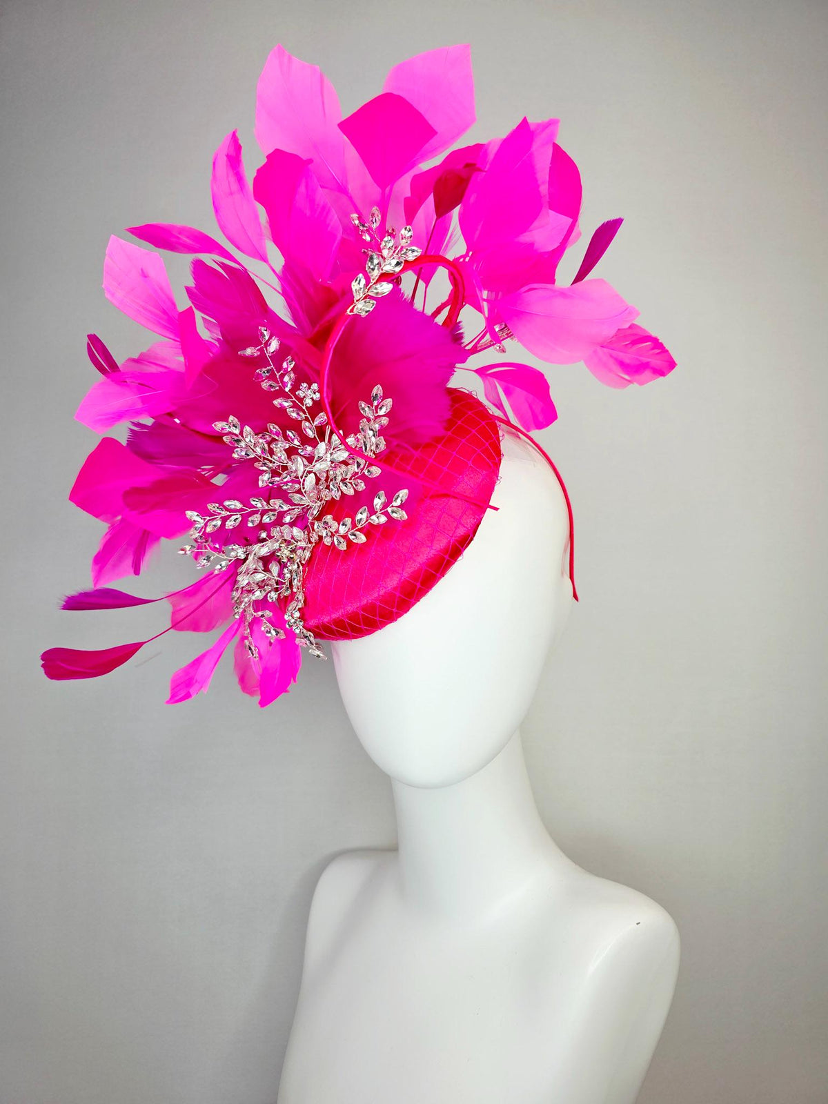 kentucky derby hat fascinator hot bright pink satin with netting saucer leaf vine crystal rhinestone jewels fuchsia pink branching feathers