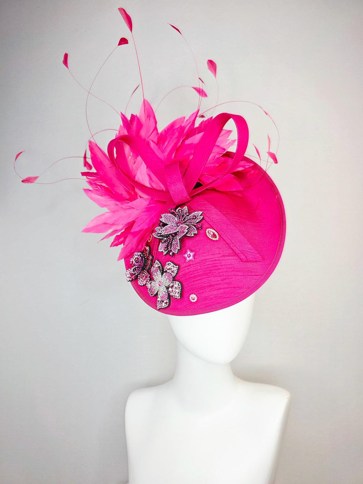 kentucky derby hat fascinator hot pink shantung saucer with shantung bow pink and red crystal rhinestone flowers fuchsia pink feathers