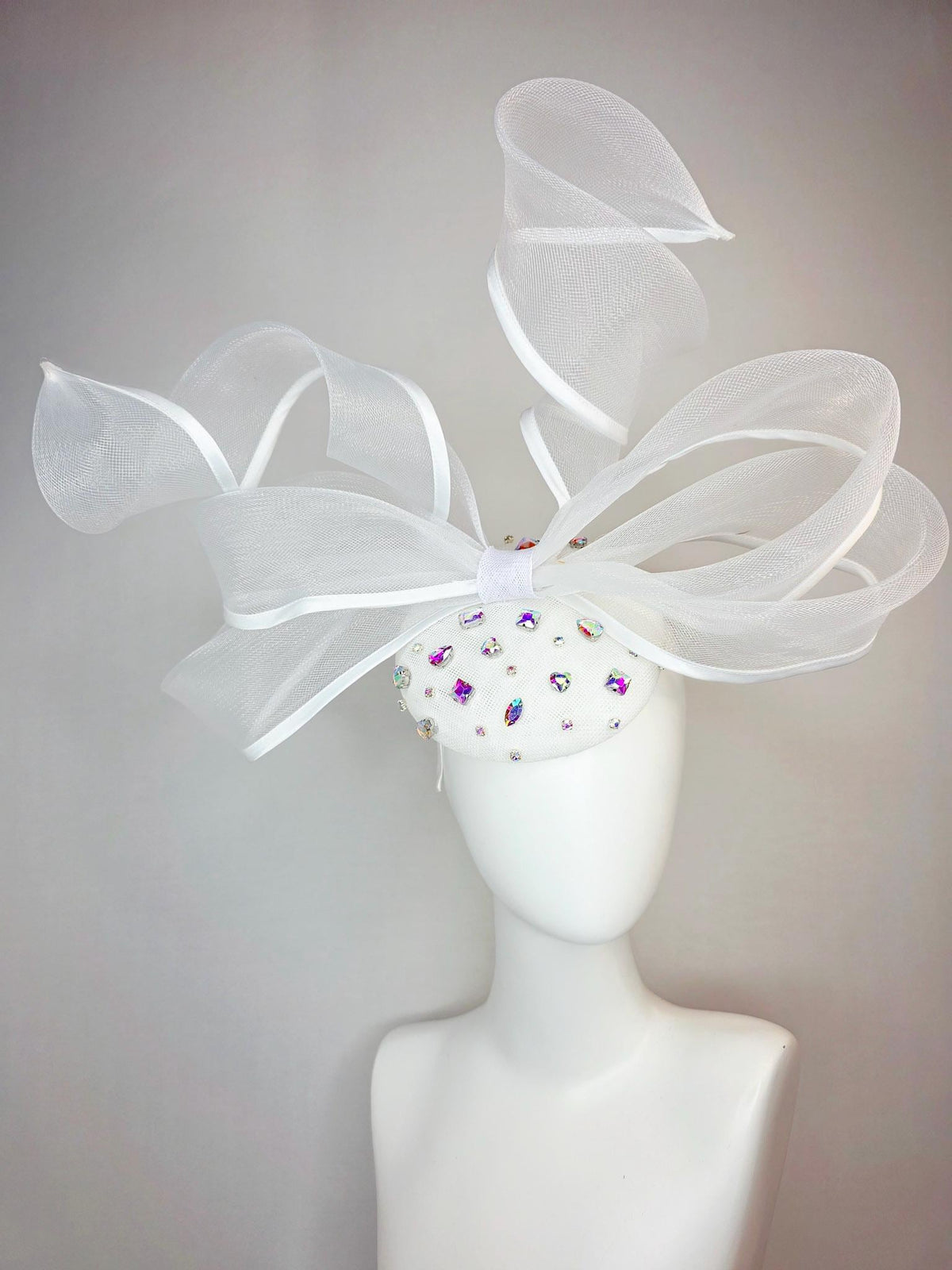 kentucky derby hat fascinator white sinamay base with iridescent clear crystal jewels white mesh and wired ribbon large bendable bow decor
