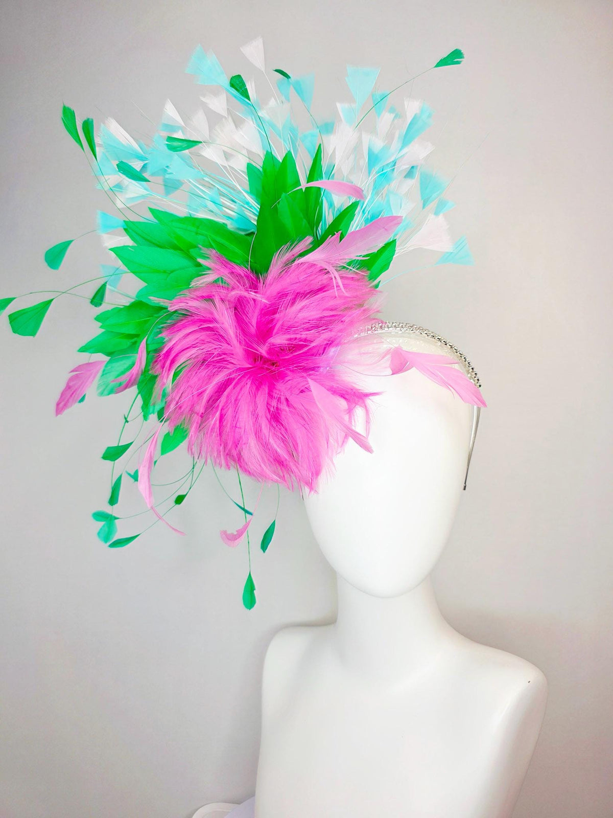 kentucky derby hat fascinator swarovski crystal headband fluffy blush pink feather flower emerald green aqua blue white branching feathers