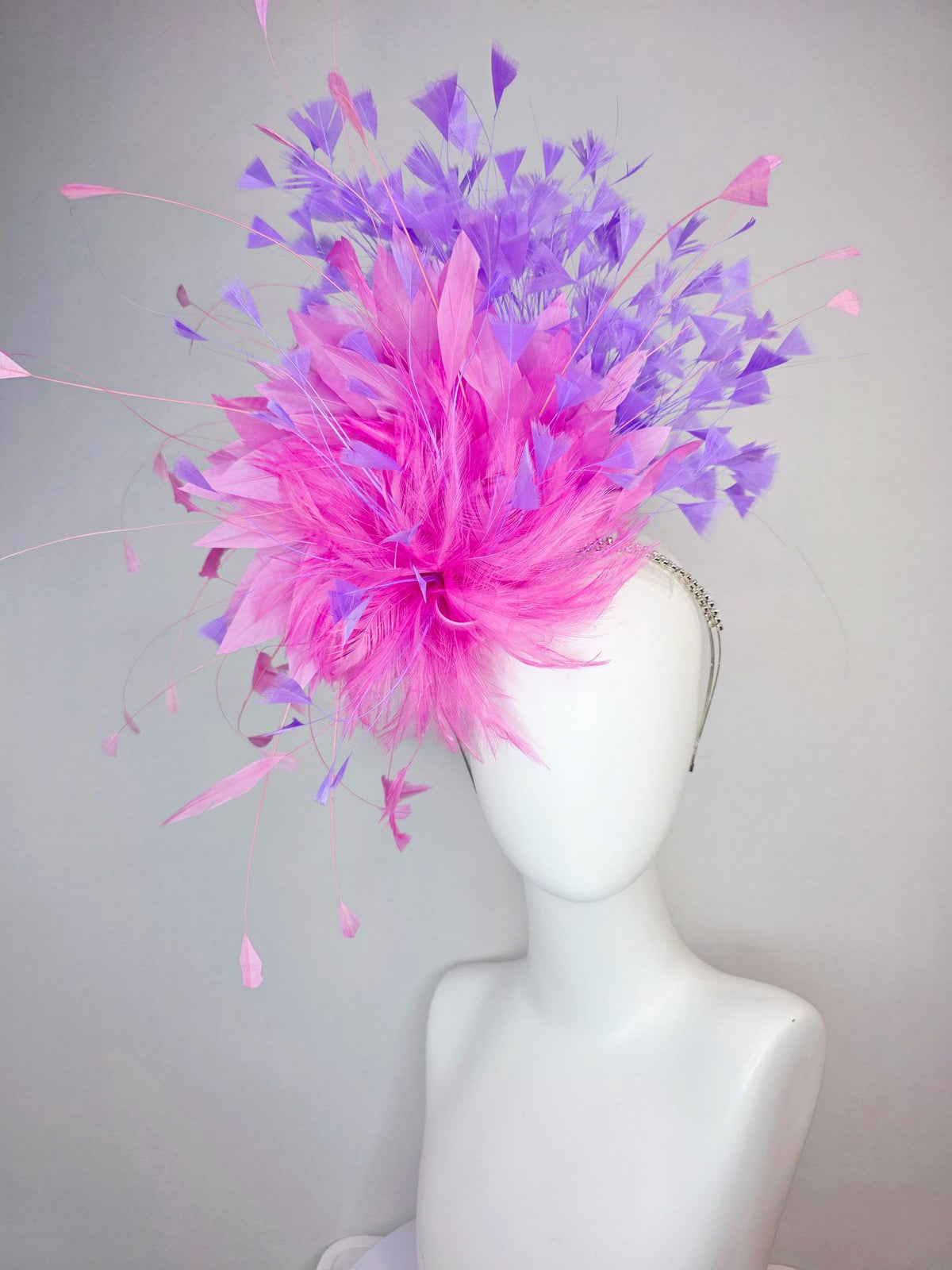 kentucky derby hat fascinator swarovski crystal headband with fluffy blush pink feather flower blush pink lavender purple branching feathers
