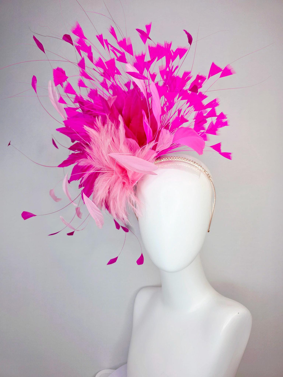 kentucky derby hat fascinator swarovski crystal headband with fluffy baby pink feather flower and hot bright fuchsia pink branching feathers
