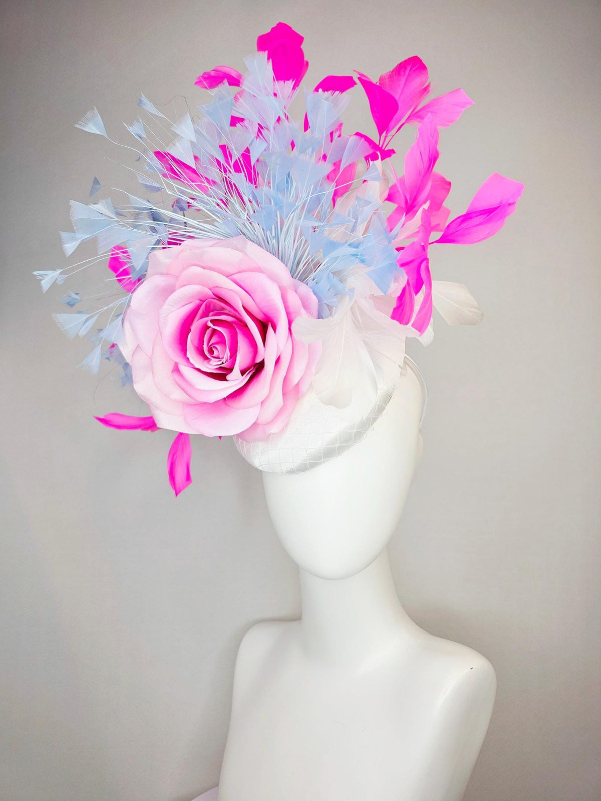 kentucky derby hat fascinator white satin with netting large ombre pink satin rose sky blue lavender fuchsia pink white branching feathers