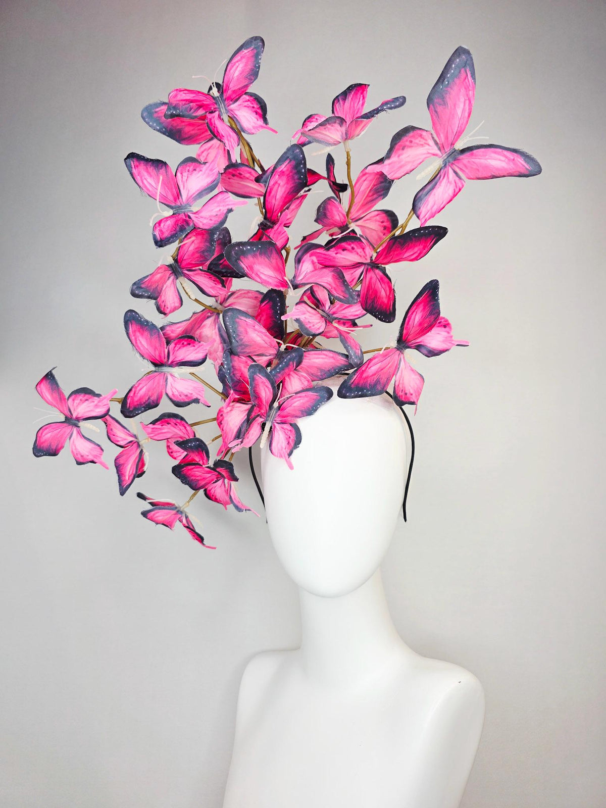 kentucky derby hat fascinator large branching hot raspberry pink red black and white fabric butterflies on headband