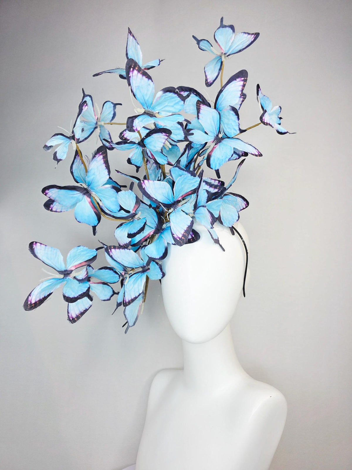 kentucky derby hat fascinator large branching light sky blue purple black fabric butterflies on headband