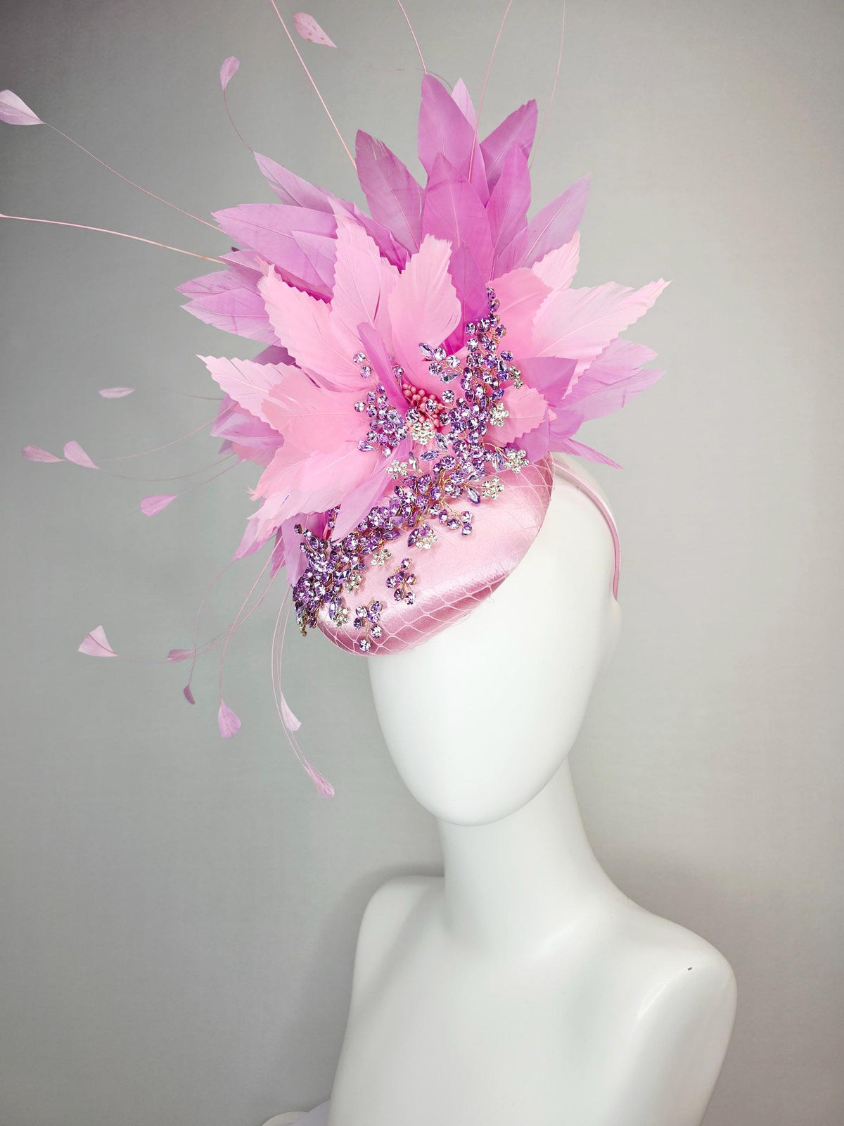 kentucky derby hat fascinator baby pink satin with netting leaf vine lavender purple crystal rhinestone fluffy light pink lilac feathers