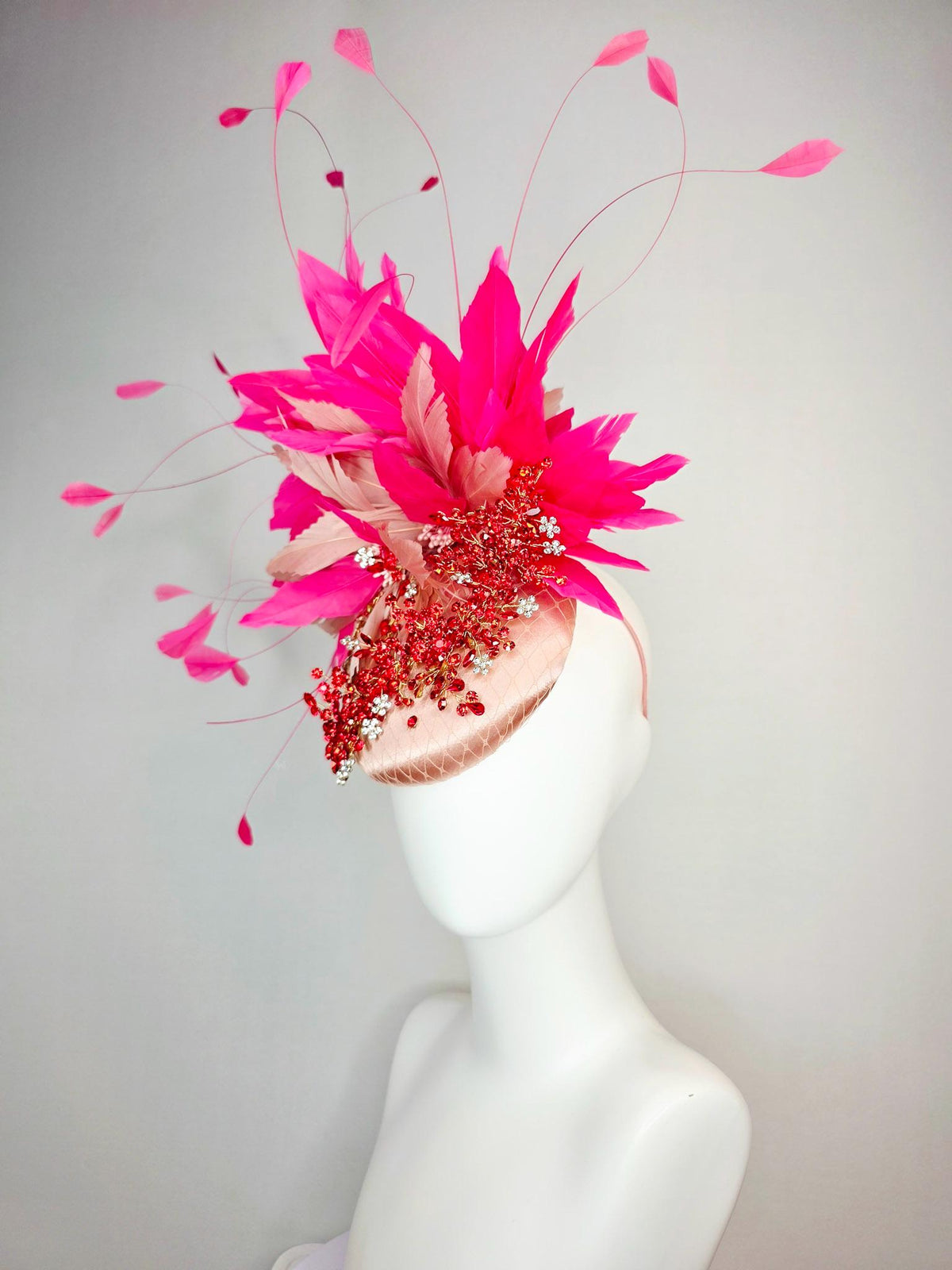kentucky derby hat fascinator champagne pink satin with netting leaf vine pink crystal rhinestone fluffy dusty mauve pink fuchsia feathers