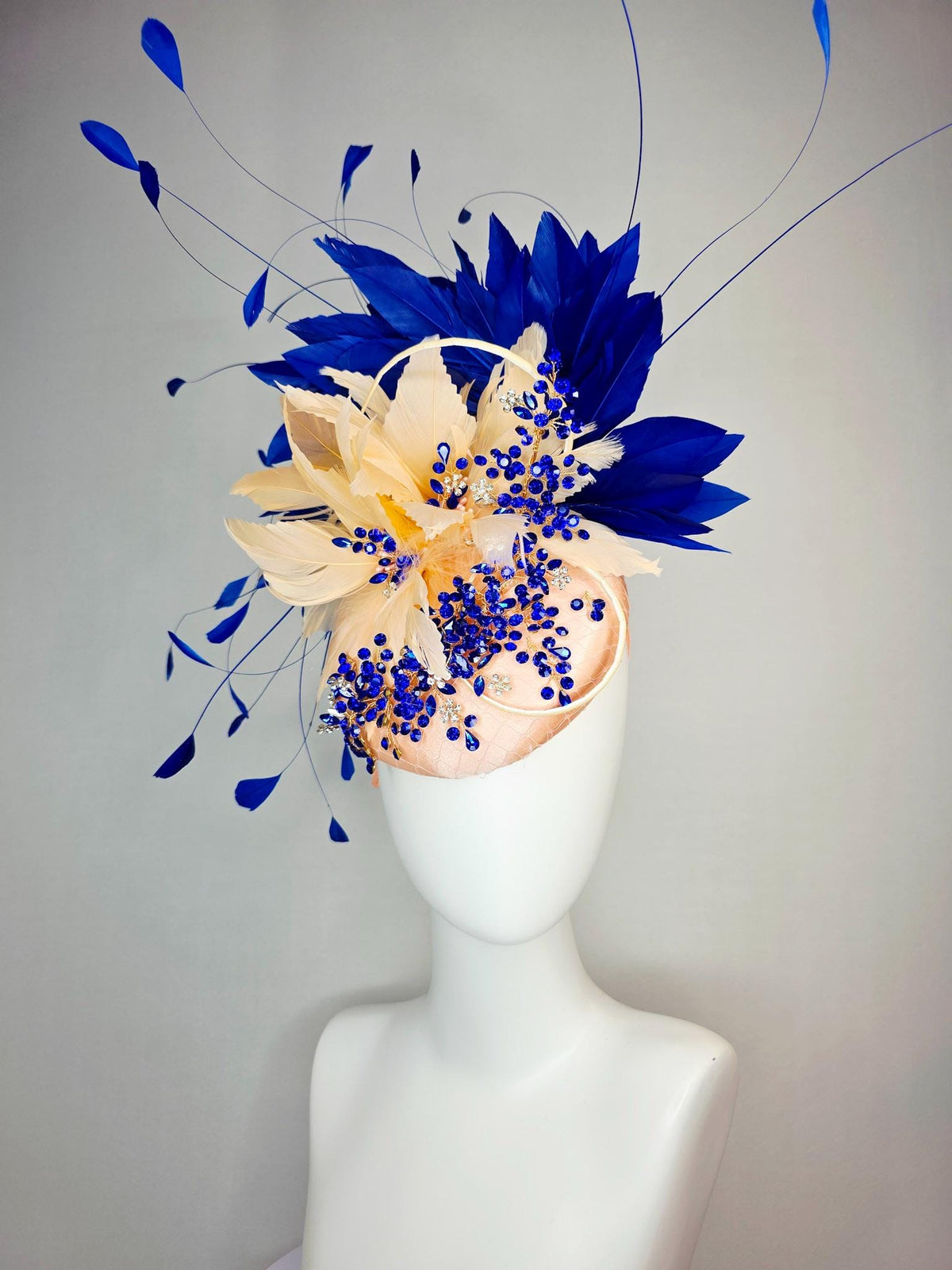 kentucky derby hat fascinator champagne beige satin with netting leaf vine blue crystal rhinestone cream beige royal cobalt blue feathers