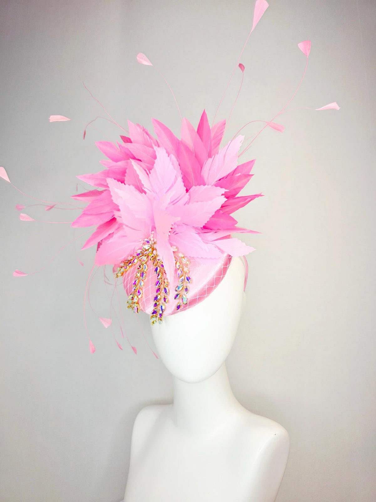kentucky derby hat fascinator baby pink satin with netting leaf vine iridescent crystal rhinestone fluffy light baby blush pink feathers