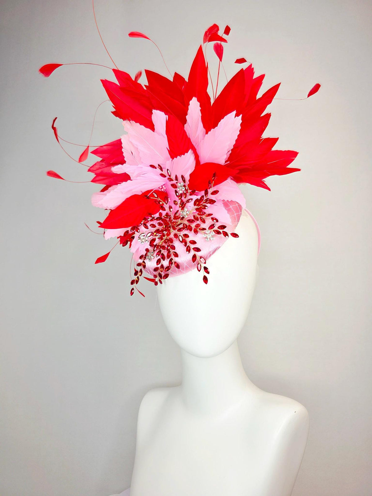 kentucky derby hat fascinator light pink satin with netting leaf vine red crystal rhinestone fluffy baby pink bright scarlet red feathers