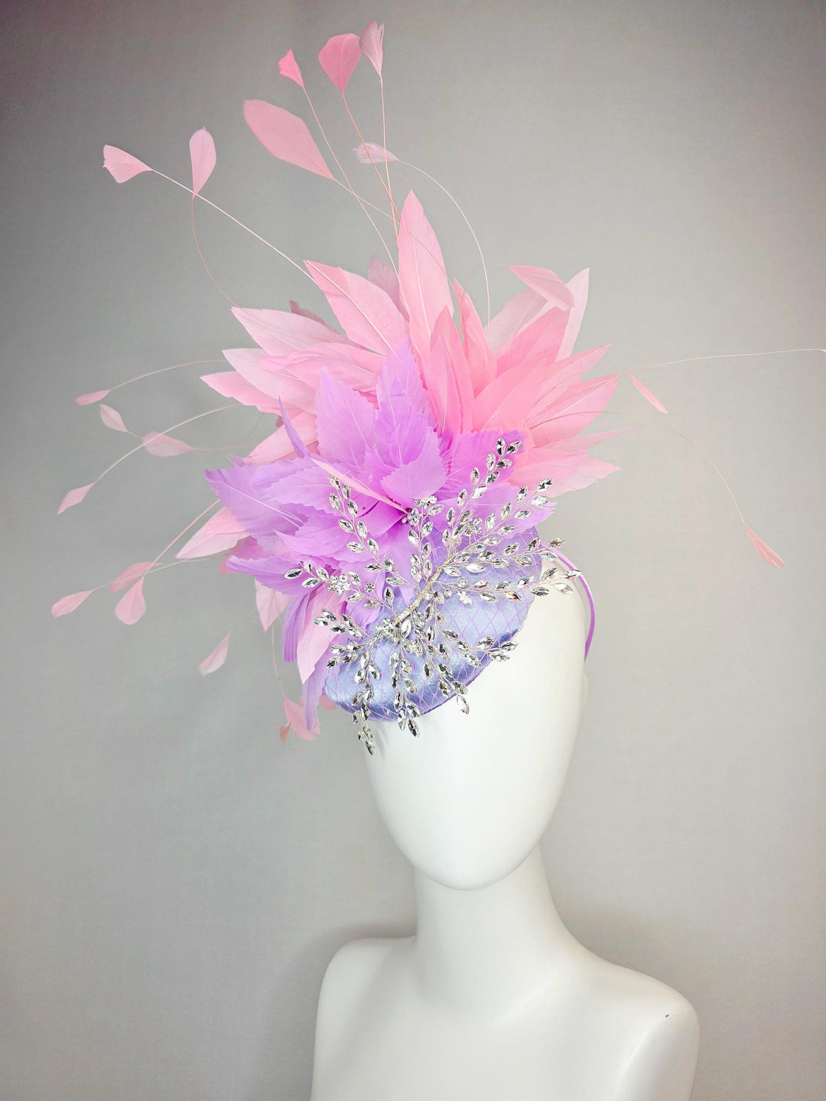 kentucky derby hat fascinator lavender purple satin with netting leaf vine crystal clear rhinestone fluffy lilac purple baby pink feathers