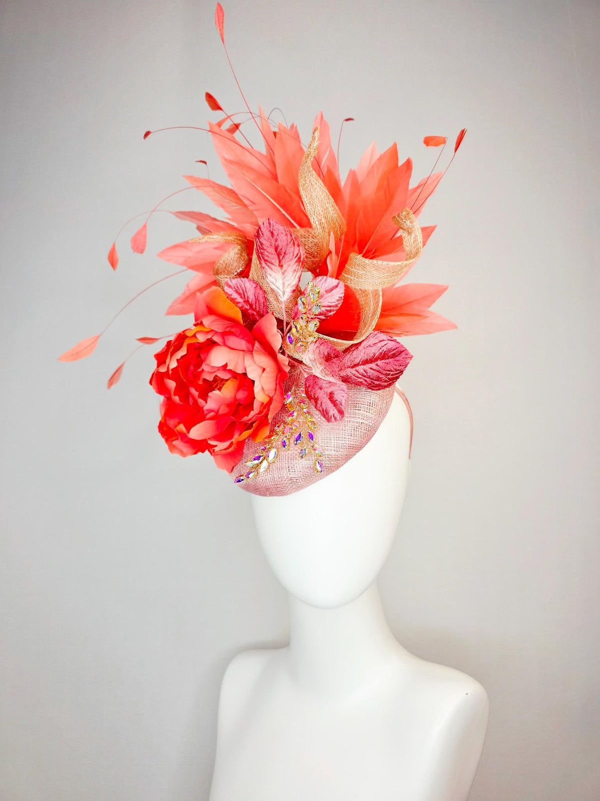 kentucky derby hat fascinator champagne pink sinamay beige curls leaf vine iridescent crystals red coral satin flower leaves orange feathers