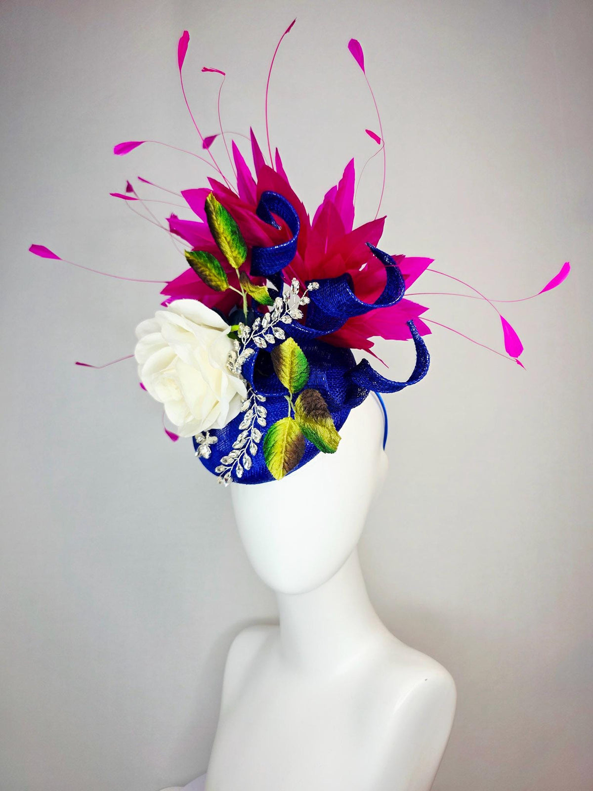 kentucky derby hat fascinator cobalt blue sinamay curls leaf vine crystals ivory white satin rose brown yellow green leaves pink feathers