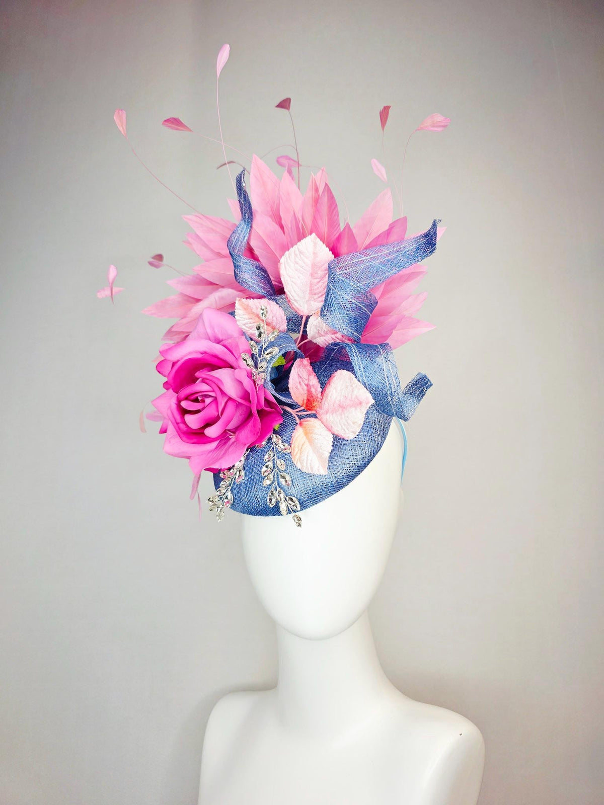 kentucky derby hat fascinator denim blue sinamay with curls leaf vine clear crystals pink satin rose light pink leaves blush pink feathers
