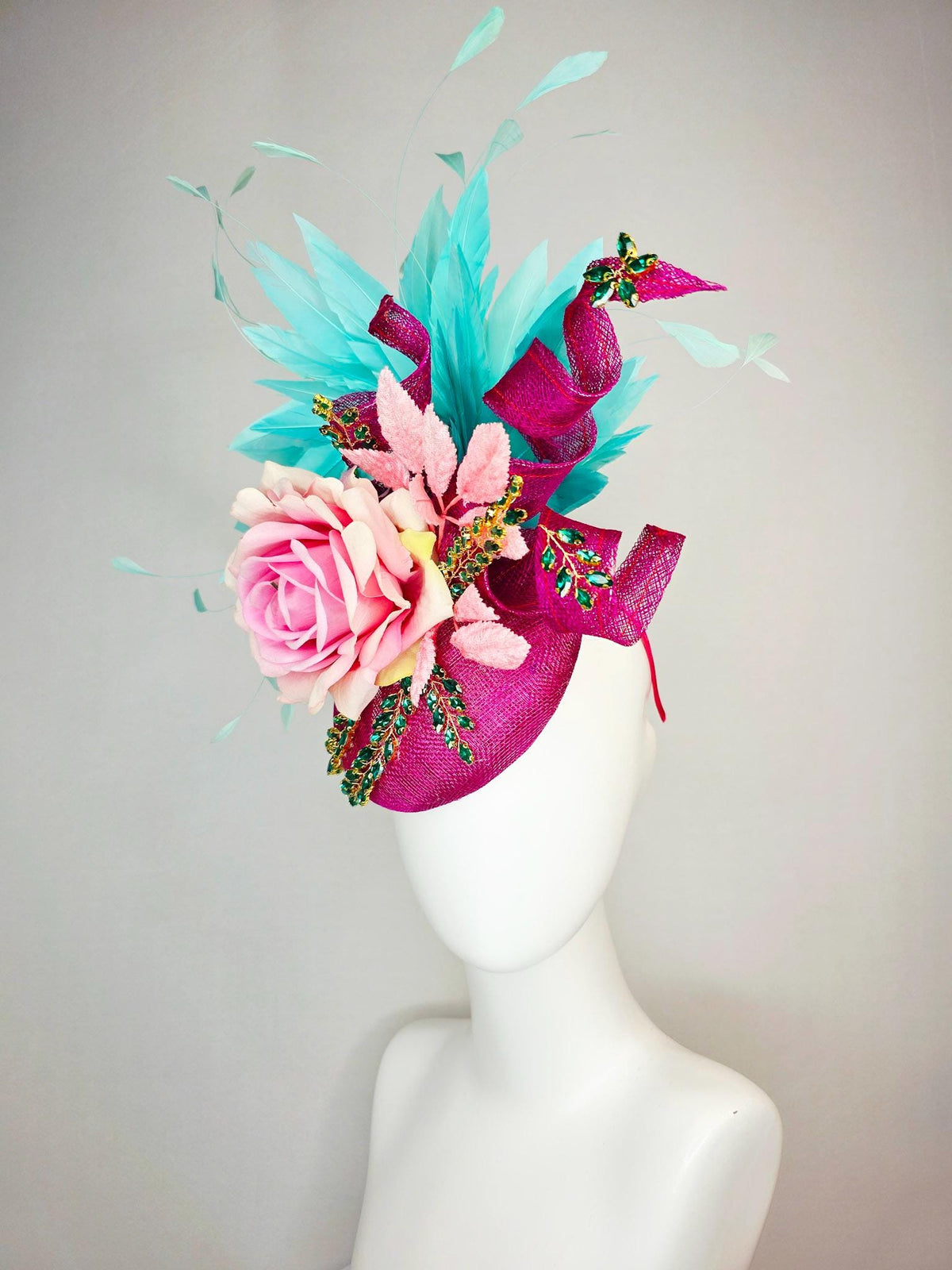 kentucky derby hat fascinator magenta pink sinamay with curls leaf vine green crystals ombre pink satin rose turquoise aqua blue feathers