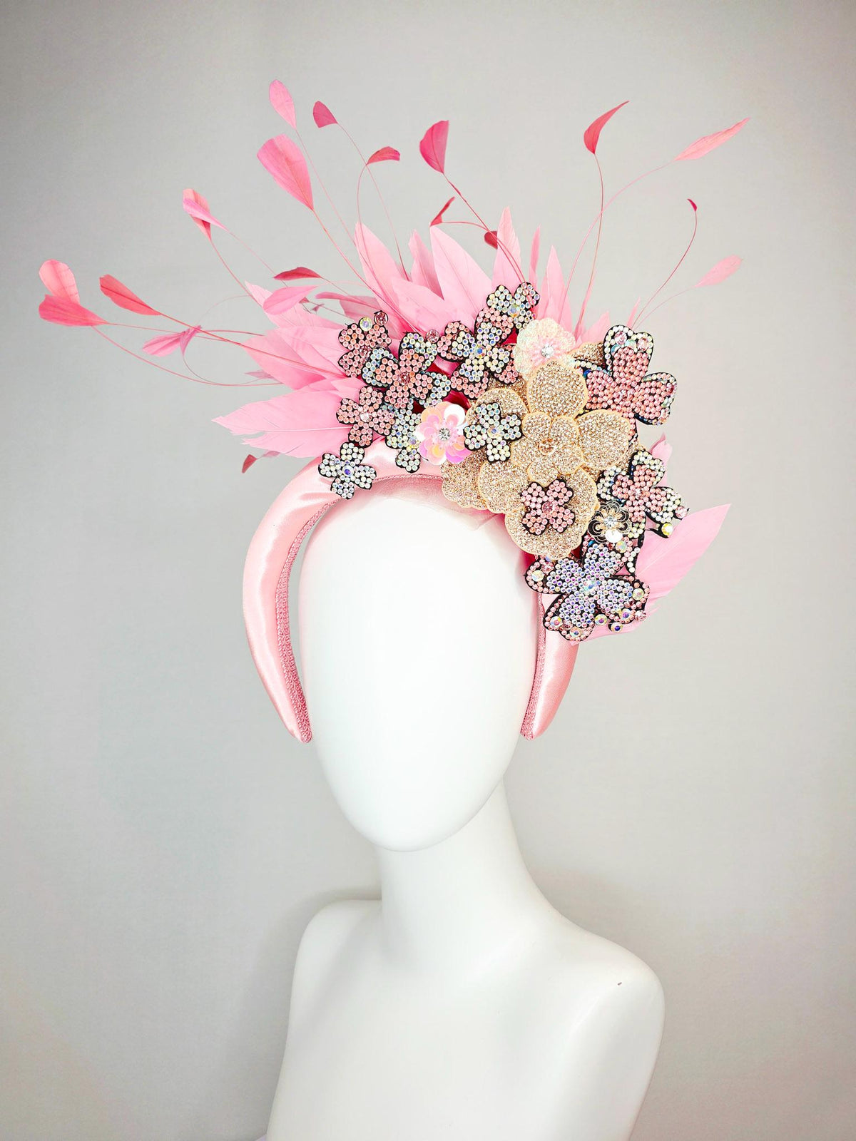 kentucky derby hat fascinator light pink satin headband with silver gold pink iridescent crystal flowers light baby pink branching feathers