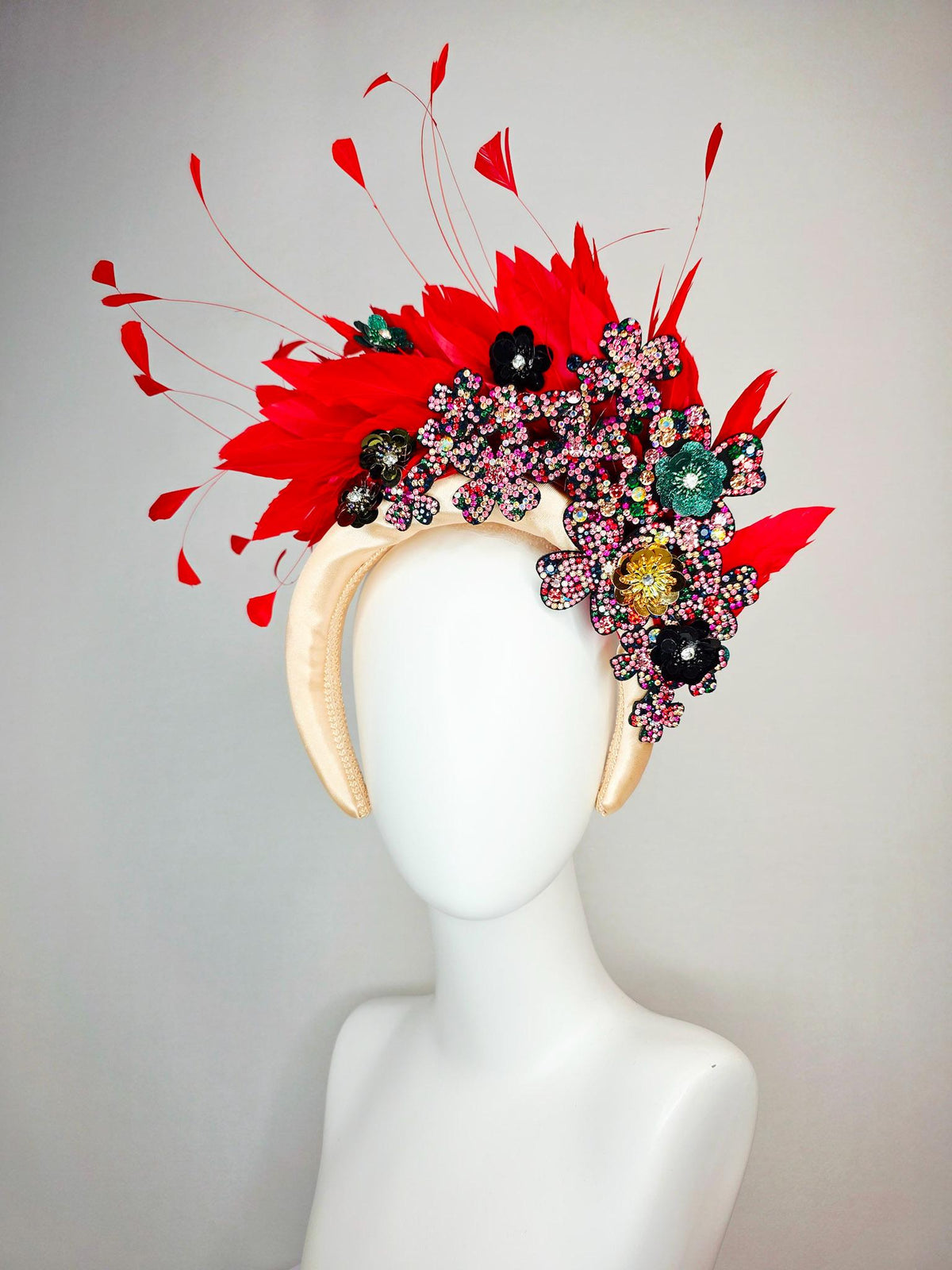 kentucky derby hat fascinator ivory champagne satin headband with colorful black red pink green gold crystal flowers scarlet red feathers