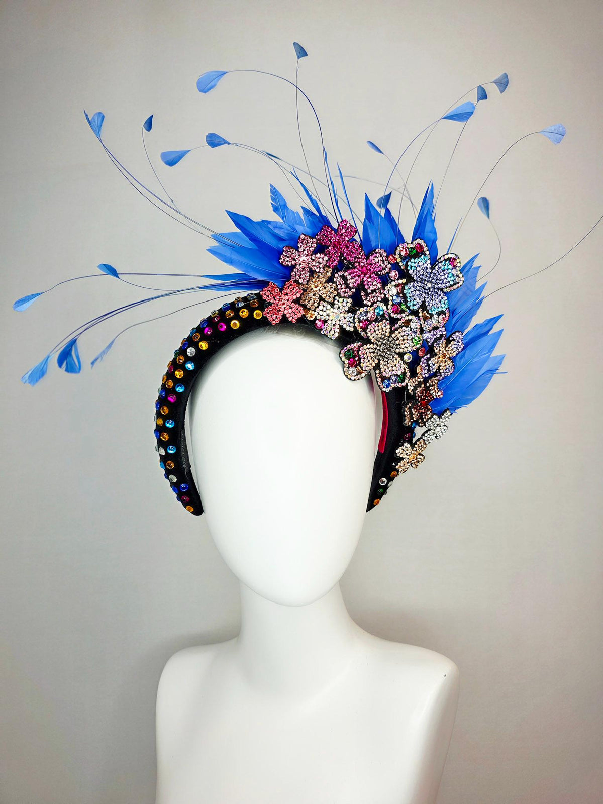 kentucky derby hat fascinator black velvet headband with colorful crystals pink purple blue green gold crystal flowers royal blue feathers