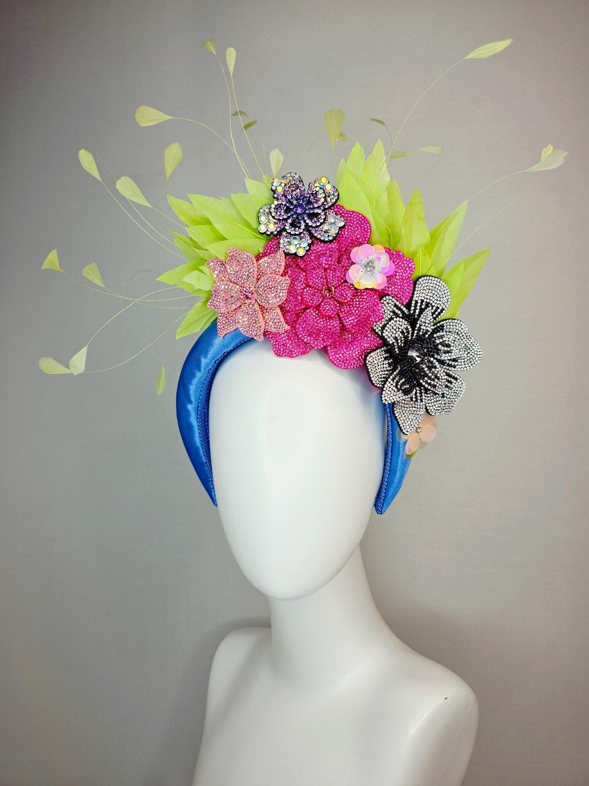 kentucky derby hat fascinator cobalt blue satin headband with silver black pink iridescent pink purple crystal flowers lime green feathers