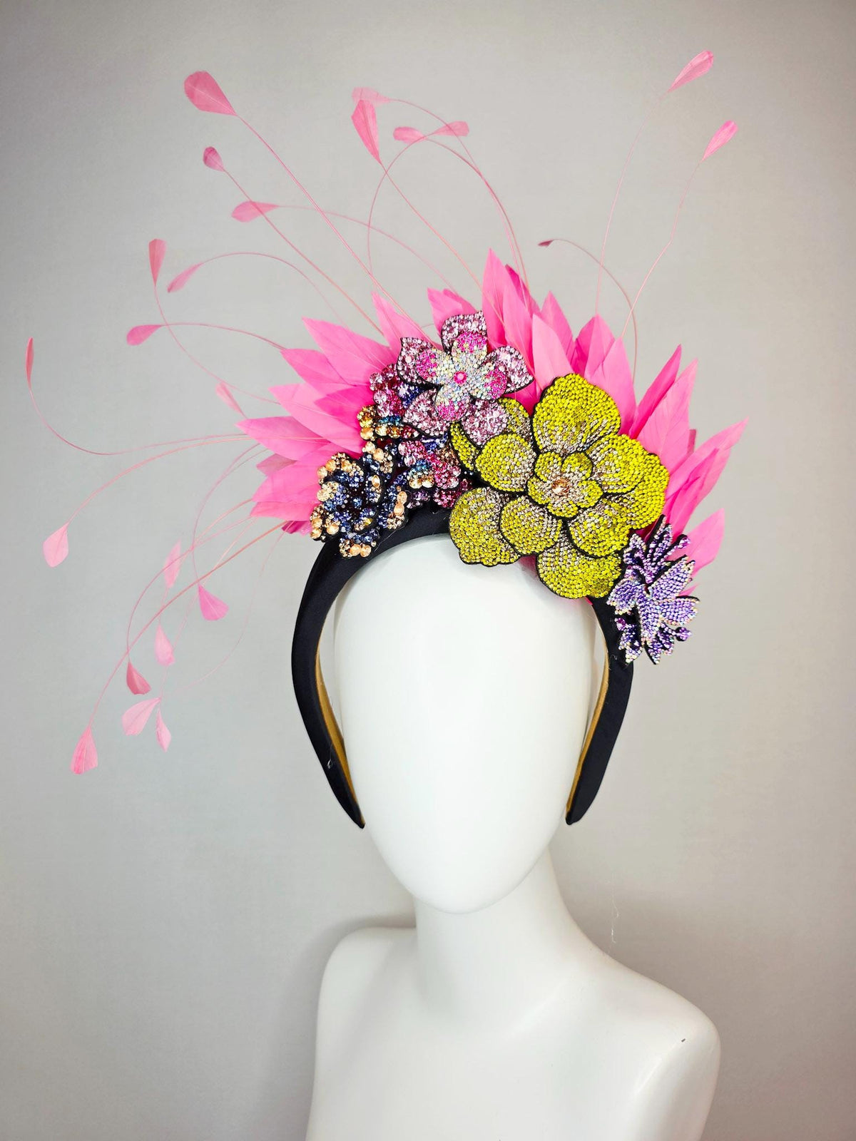 kentucky derby hat fascinator black satin headband with colorful lavender purple gold blue pink yellow crystal flowers blush pink feathers