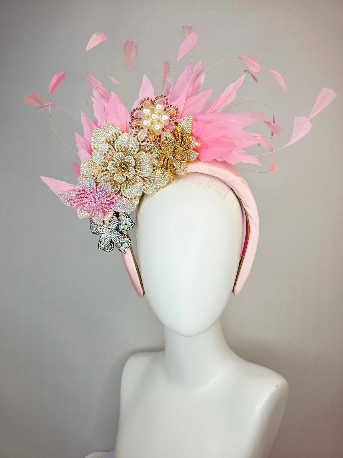 kentucky derby hat fascinator light pink satin headband iridescent pink cooper gold pearl crystal flowers and baby pink branching feathers