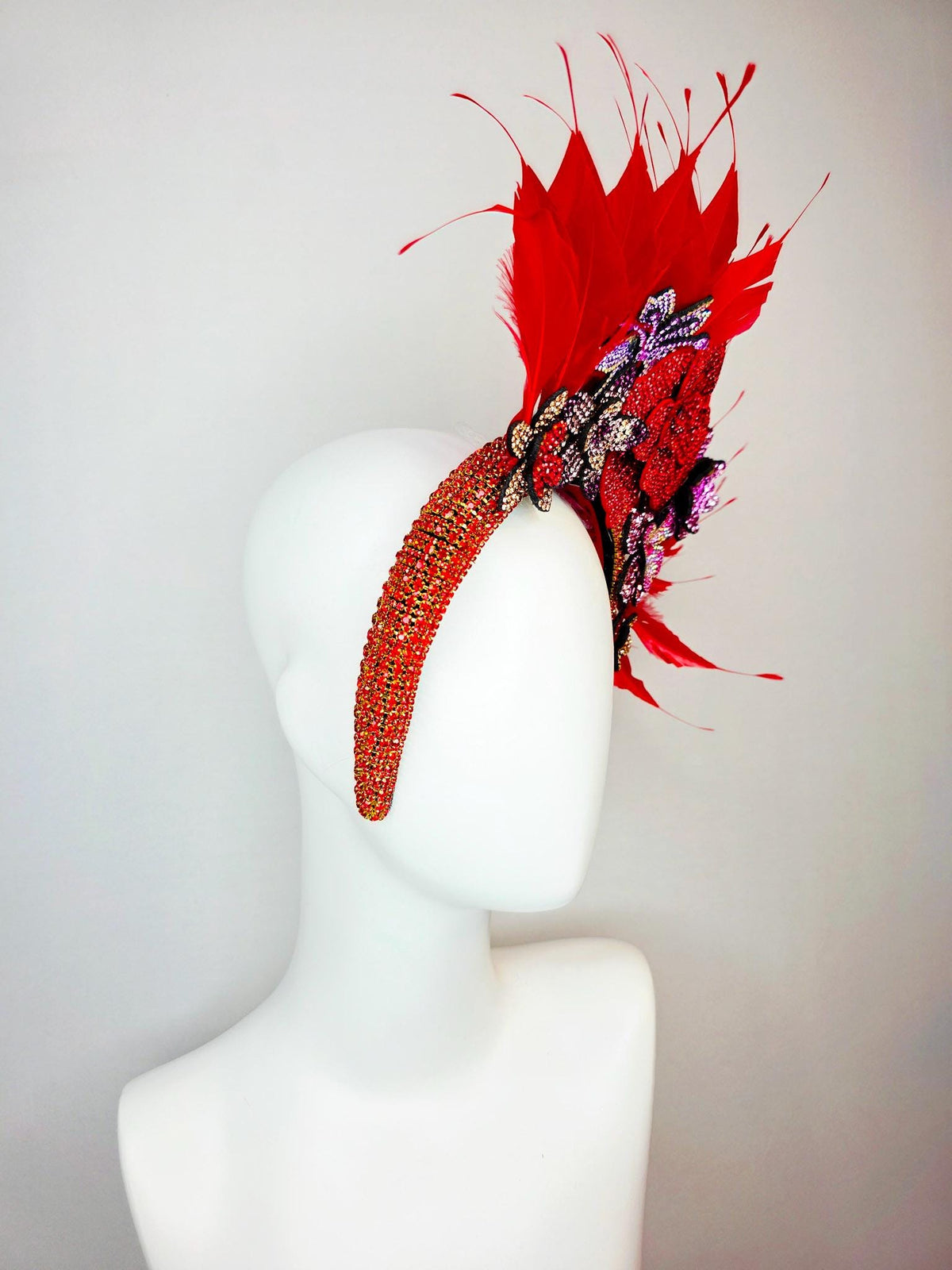 kentucky derby hat fascinator red Swarovski crystal headband with lavender lilac purple pink gold red crystal flowers scarlet red feathers