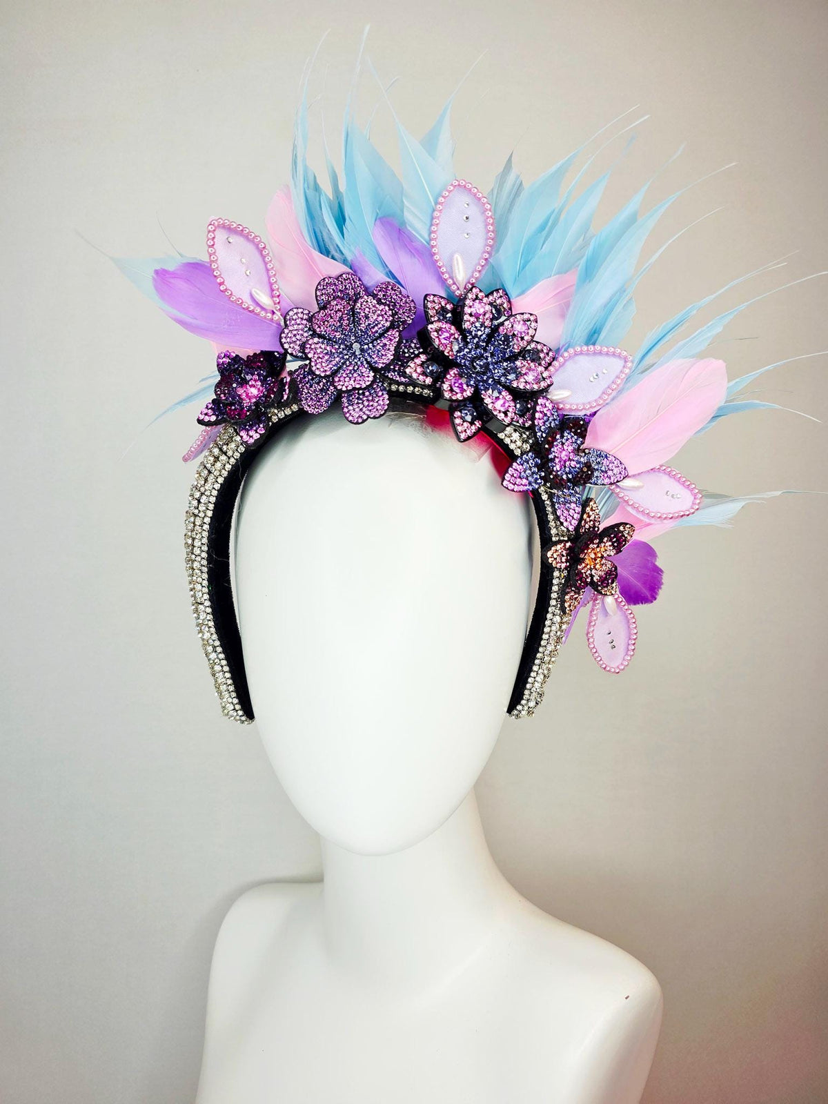 kentucky derby hat fascinator swarovski crystal headband lilac purple blue black crystal flowers sky blue lavender purple baby pink feathers