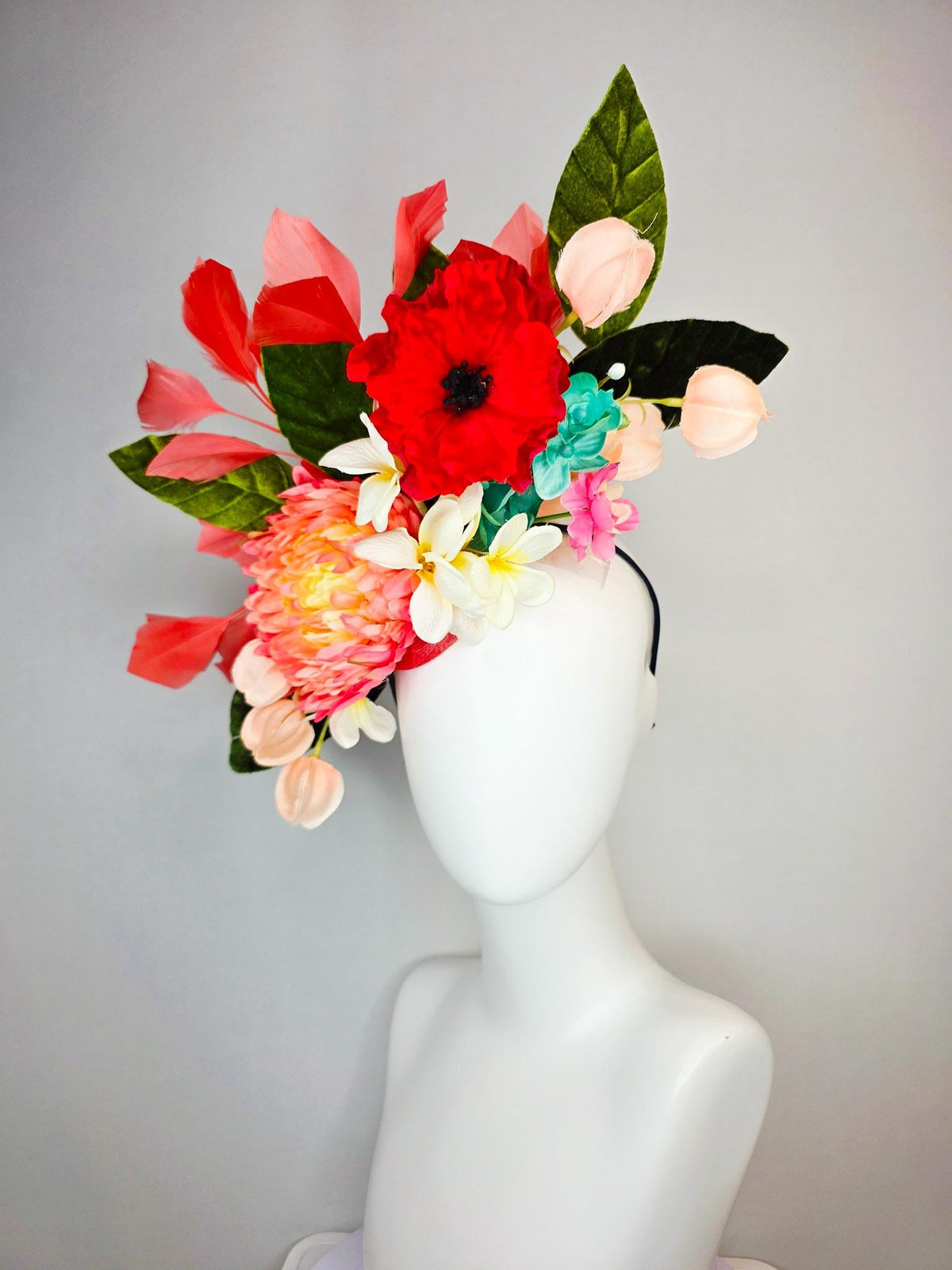 kentucky derby hat fascinator red coral peach orange yellow pink ivory white teal blue satin flowers green leaves and coral red feathers