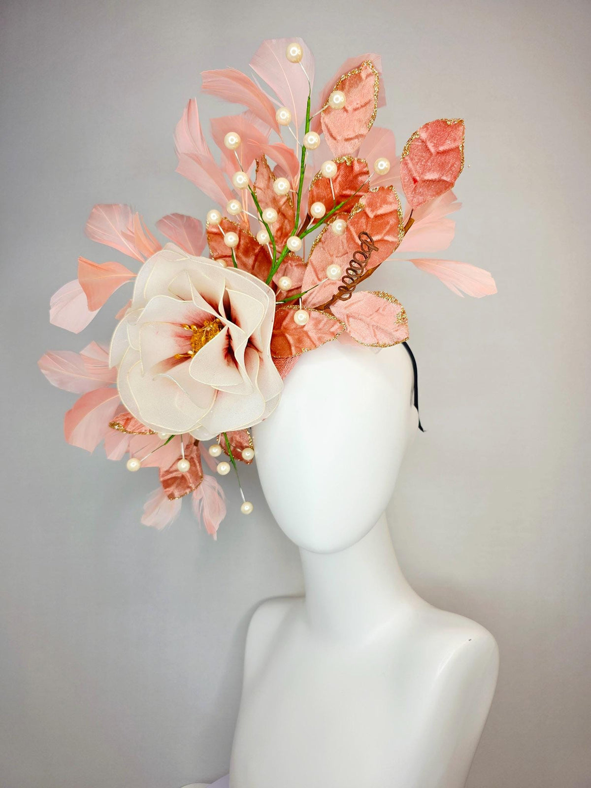 kentucky derby hat fascinator large white cream mesh rose velvet salmon peach orange leaves with pearls light pink peach branching feathers