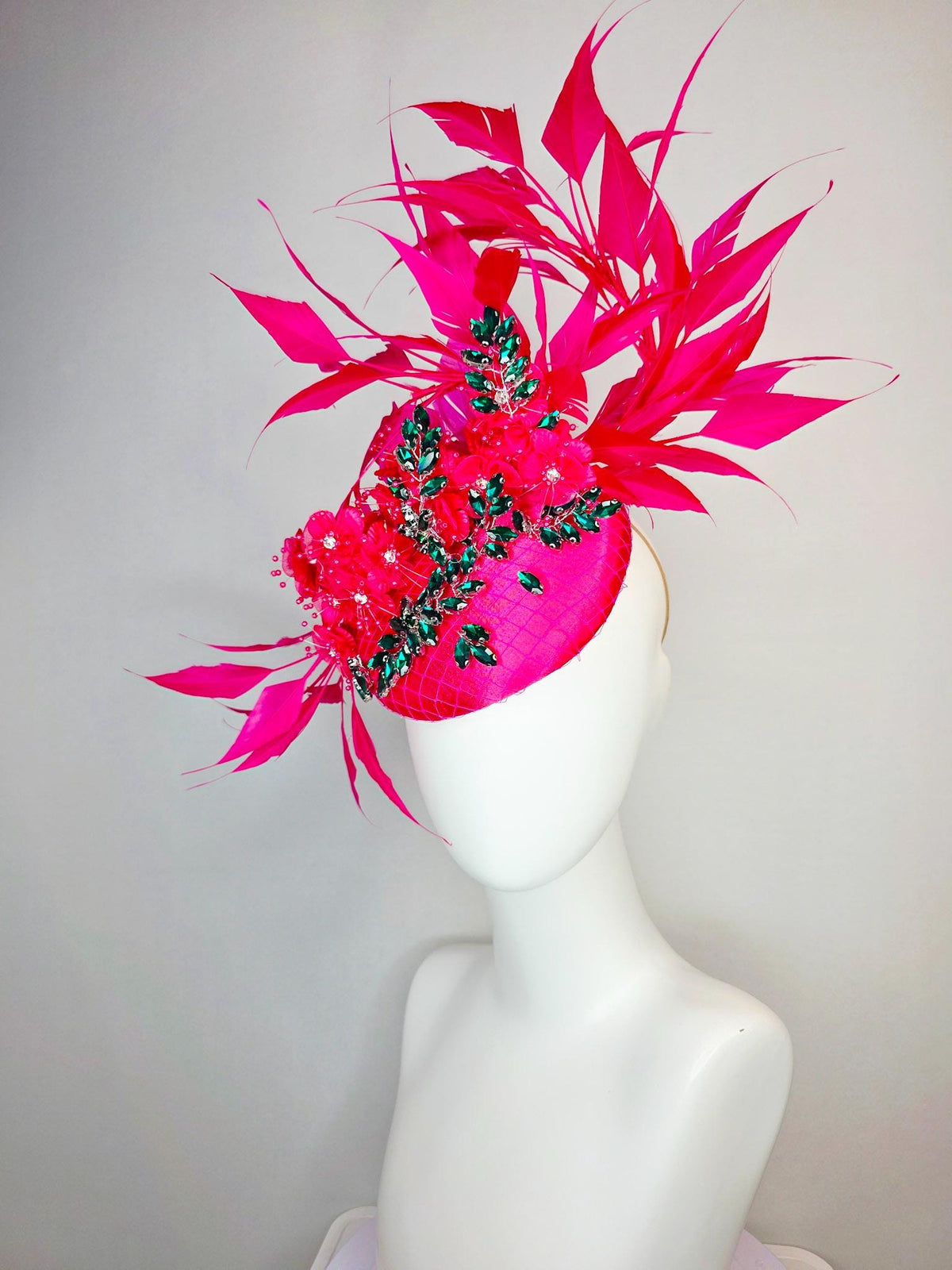 kentucky derby hat fascinator fuchsia satin with netting emerald green leaf vine crystal rhinestones raspberry pink flowers and feathers