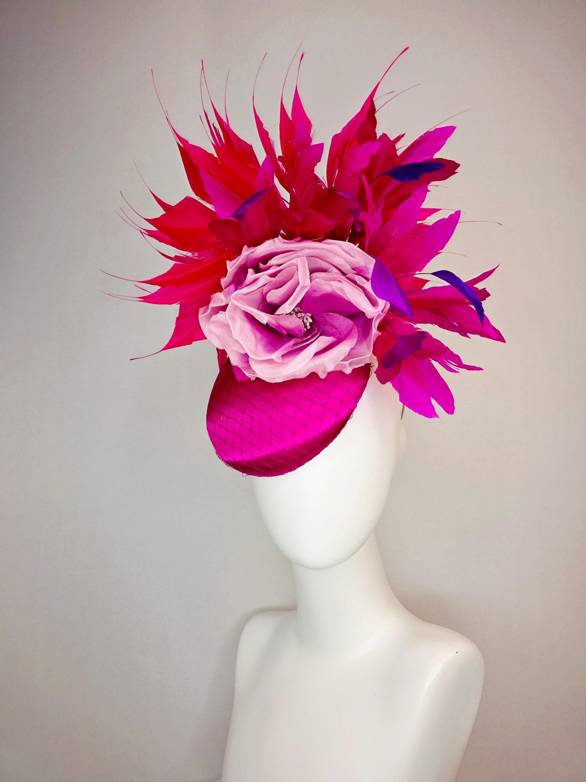 kentucky derby hat fascinator magenta pink satin with netting ombre lilac pink organza rose red hot pink magenta purple branching feathers