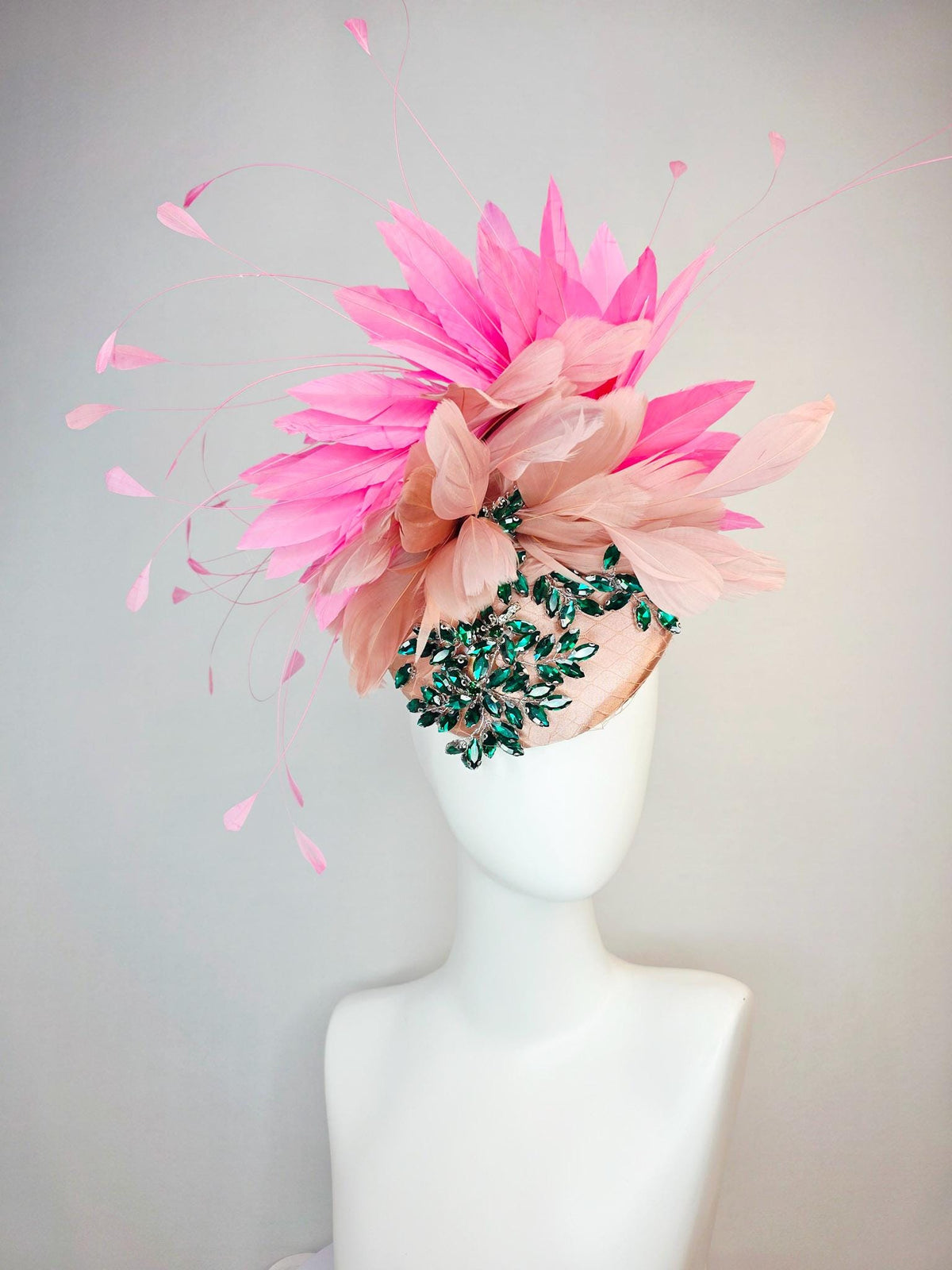 kentucky derby hat fascinator champagne pink satin with netting leaf vine emerald green crystal rhinestone dusty mauve blush pink feathers