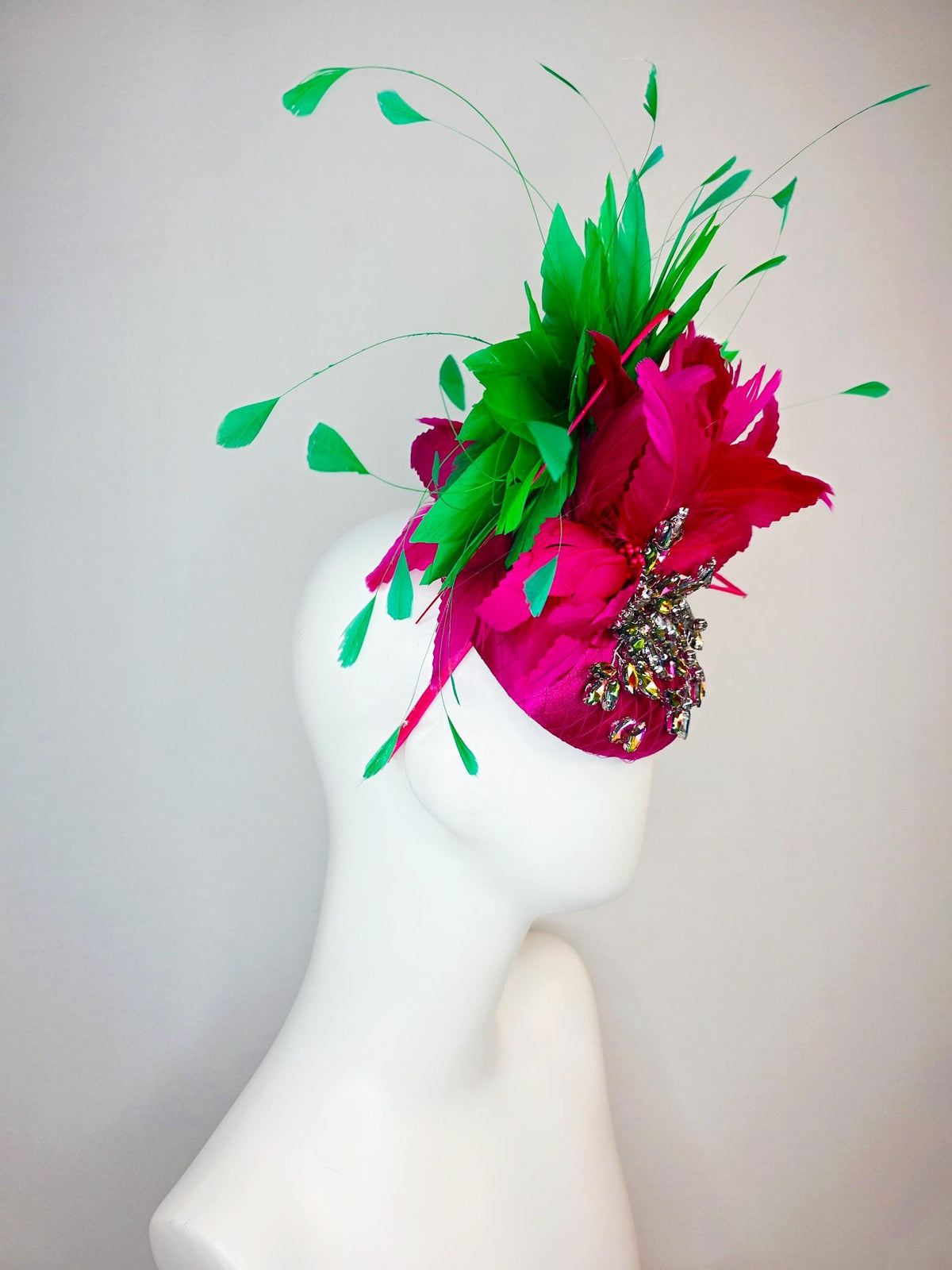 kentucky derby hat fascinator magenta pink satin with netting leaf vine iridescent crystal rhinestone and fuchsia pink lime green feathers