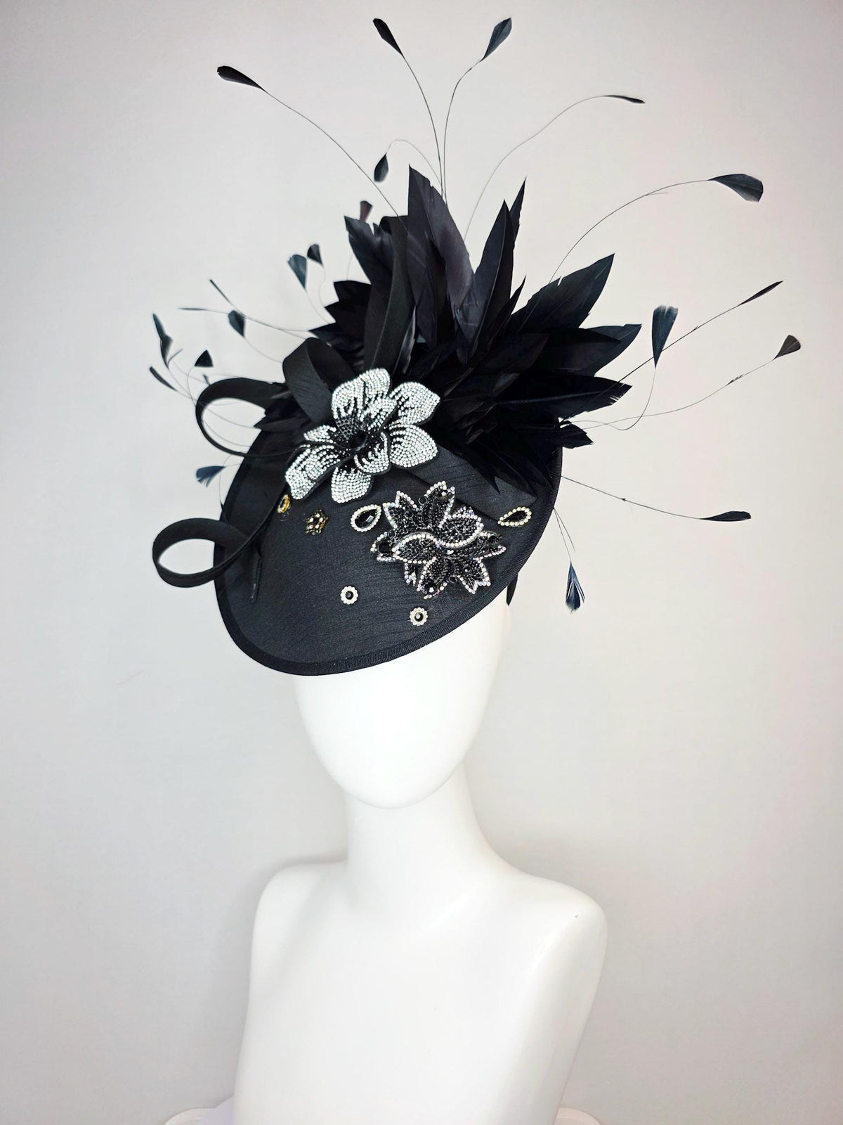 kentucky derby hat fascinator black shantung saucer with shantung bow black silver crystal rhinestone flowers and black branching feathers